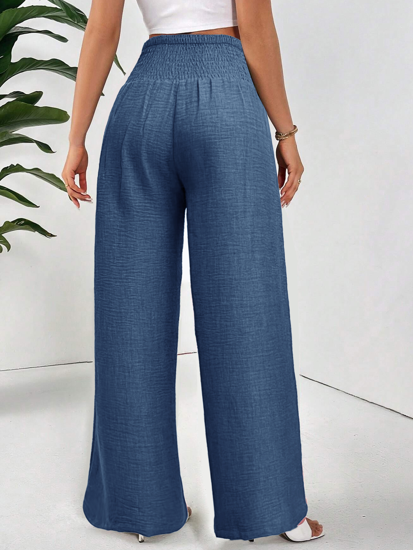 Elegant High-Waisted Blue Linen Wide-Leg Pants with Belted Waist
