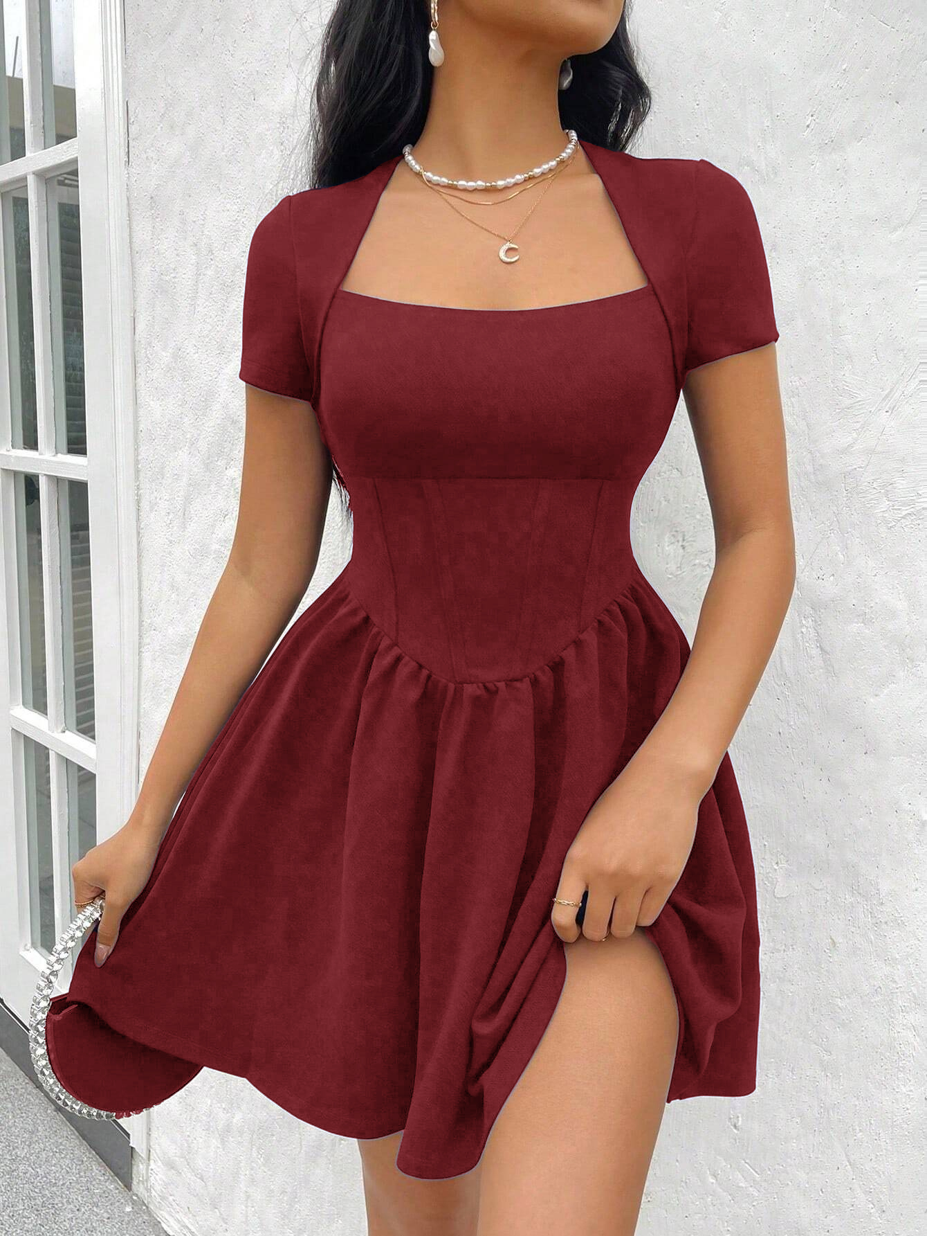Chic Burgundy Cut-Out Back Short Sleeve Dress with Ruffled Hem
