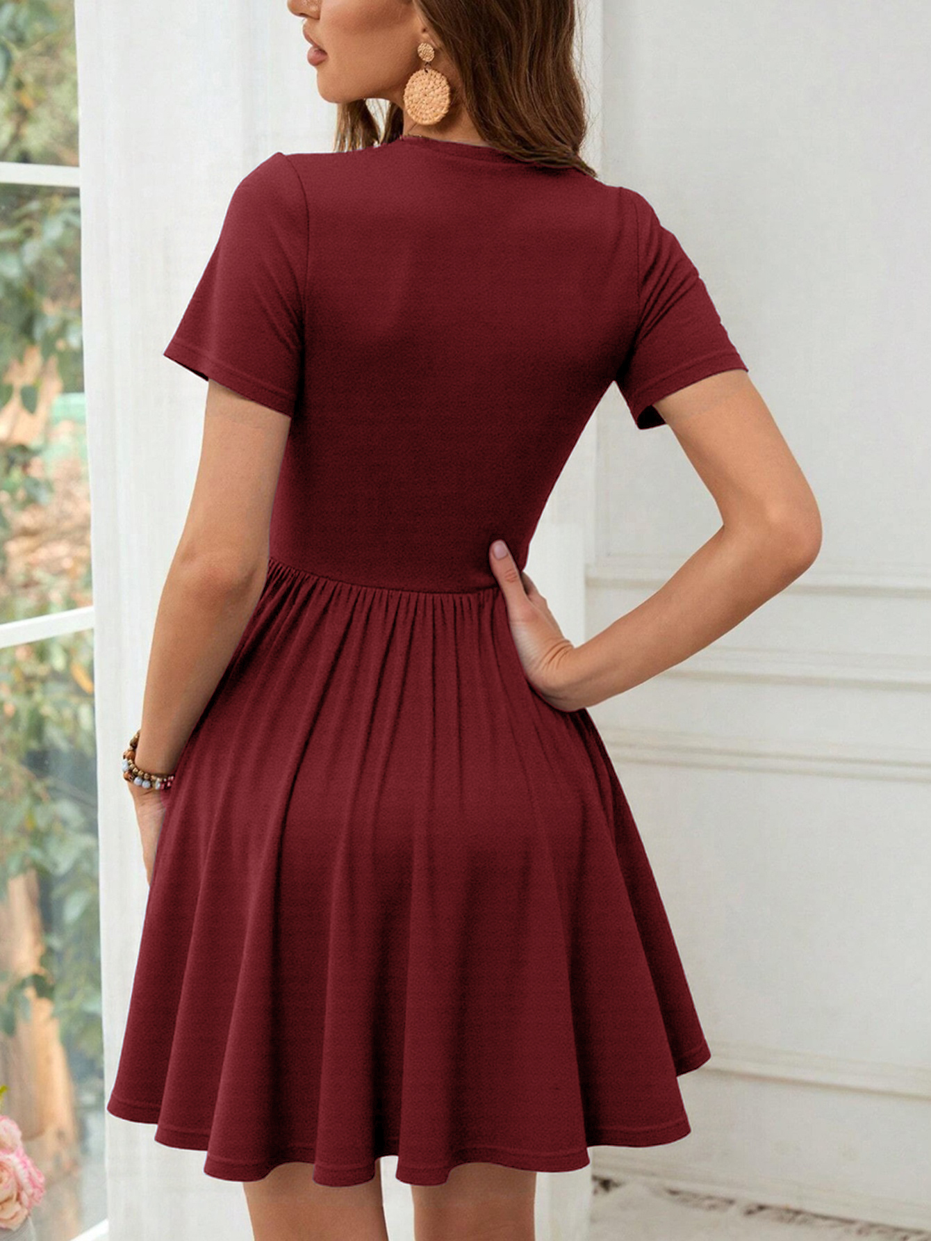Chic Burgundy Cut-Out Back Short Sleeve Dress with Ruffled Hem