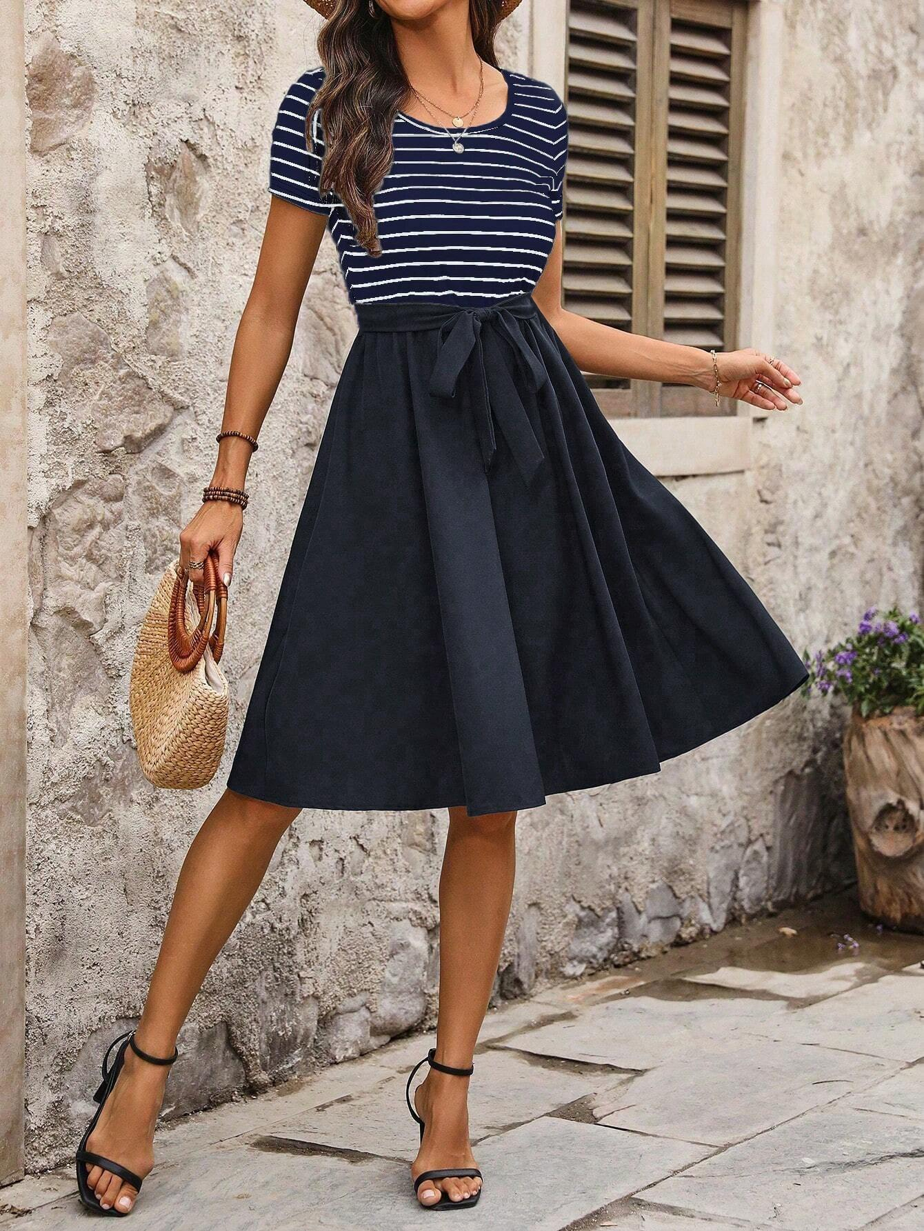 Nautical Navy and White Striped Short Sleeve Dress with Belted Waist