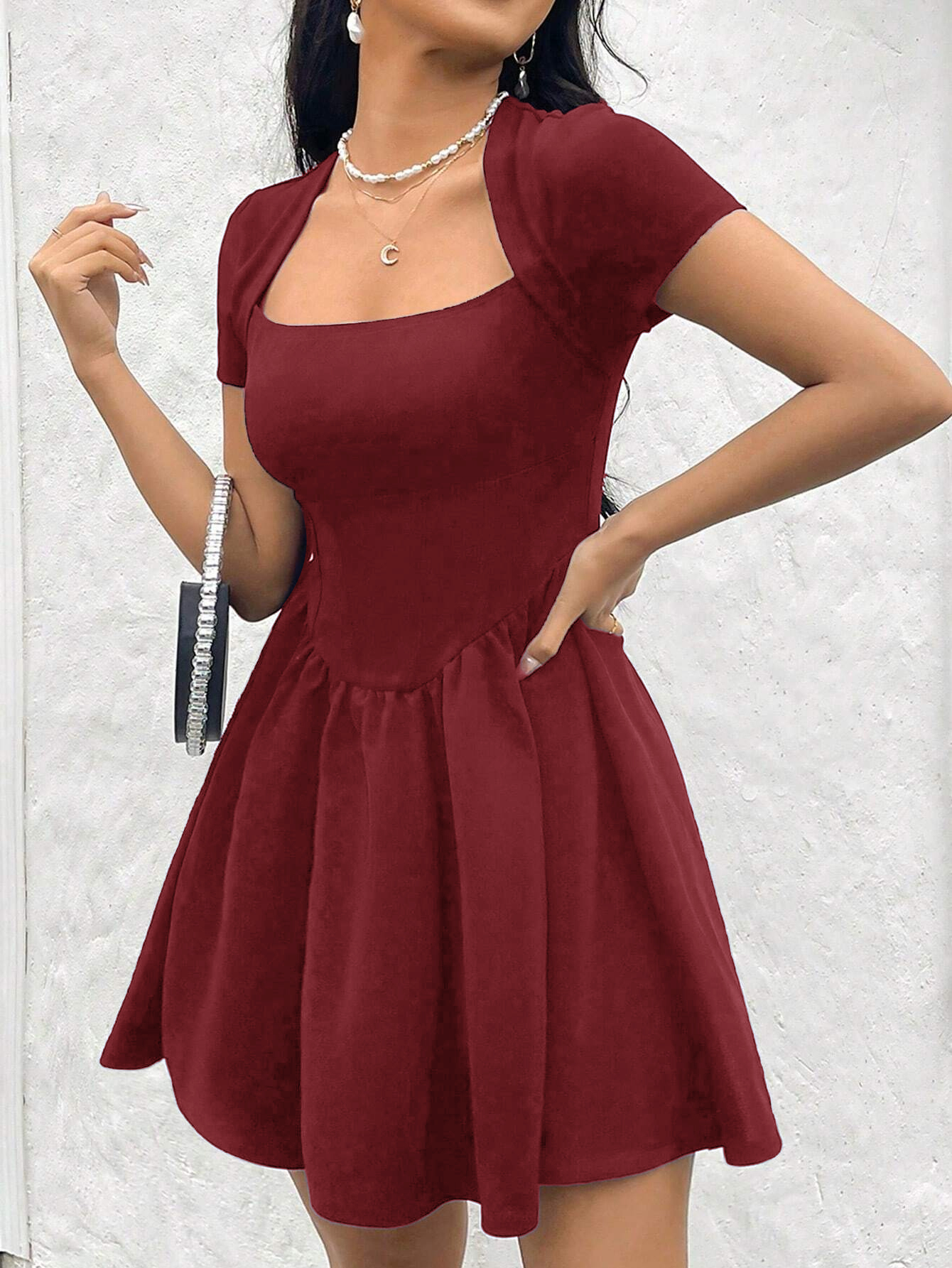 Chic Burgundy Cut-Out Back Short Sleeve Dress with Ruffled Hem