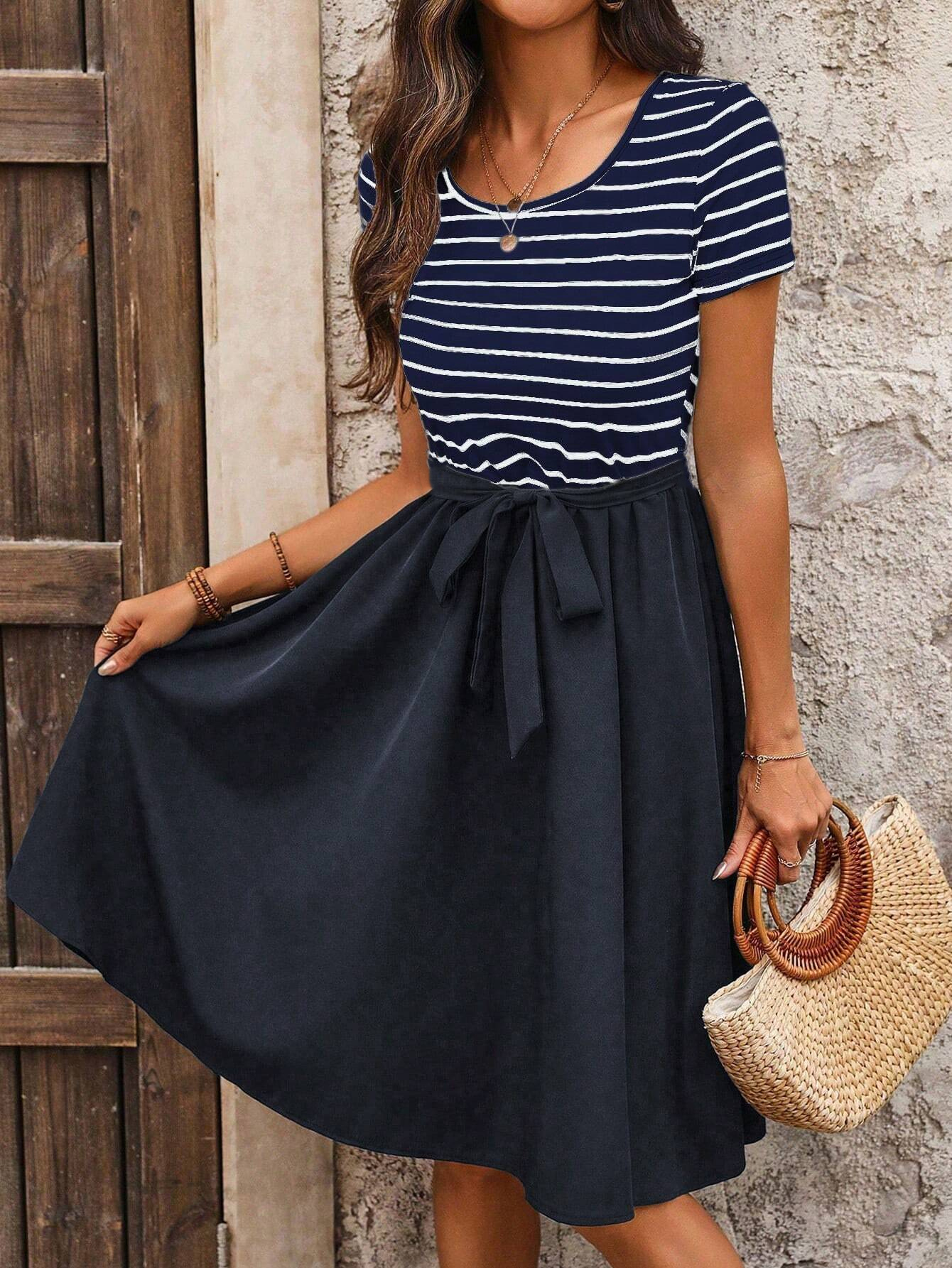 Nautical Navy and White Striped Short Sleeve Dress with Belted Waist
