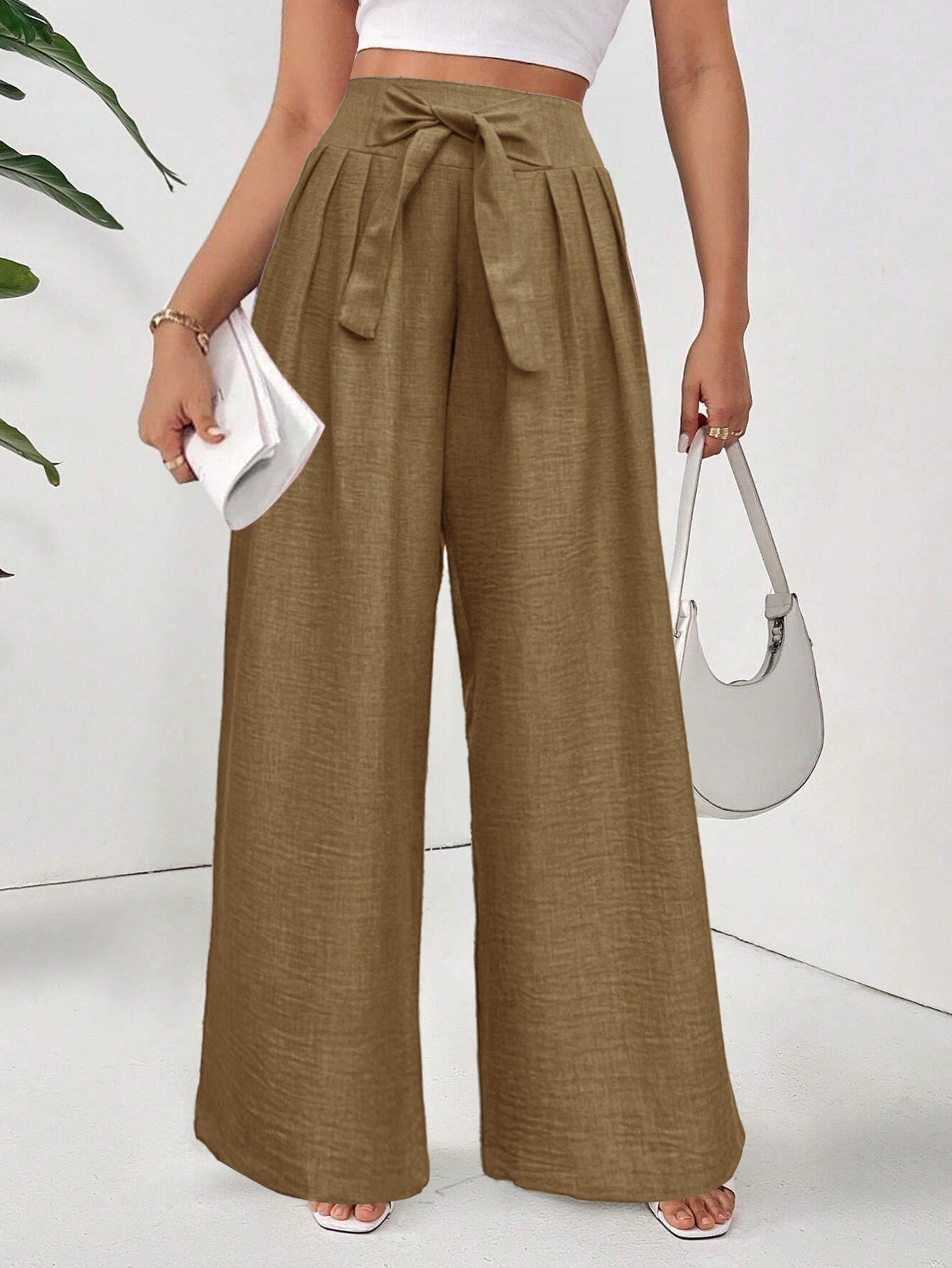 Elegant High-Waisted Blue Linen Wide-Leg Pants with Belted Waist