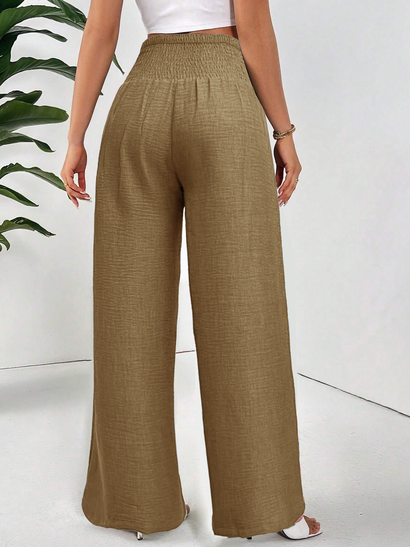 Elegant High-Waisted Blue Linen Wide-Leg Pants with Belted Waist