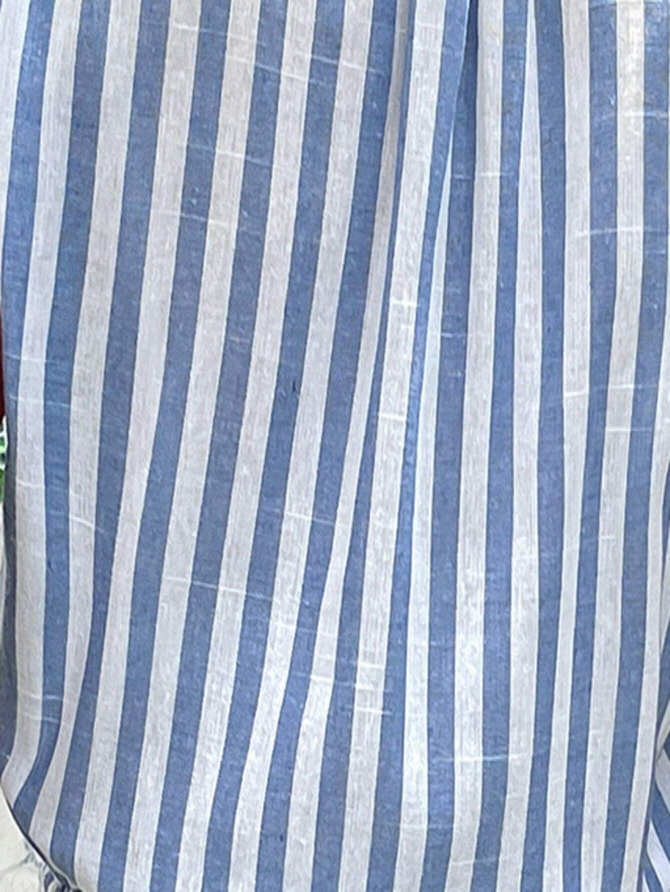 Summer Blue & White Striped Shoulder Ruffle Bow Tie Cinched Waist Cotton Dress