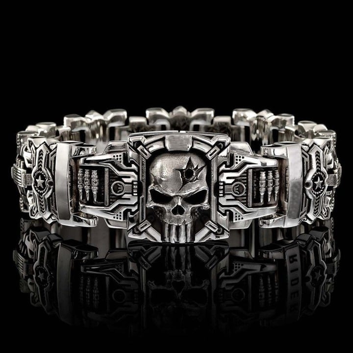 Armed Forces Destiny Struggle Skull Interlock Silver Bracelet-XSZTVDO