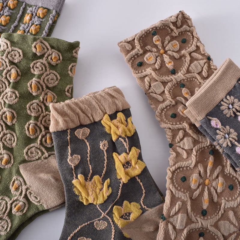5 Pairs Women's Embossed Floral Cotton Socks-XSZTVDO