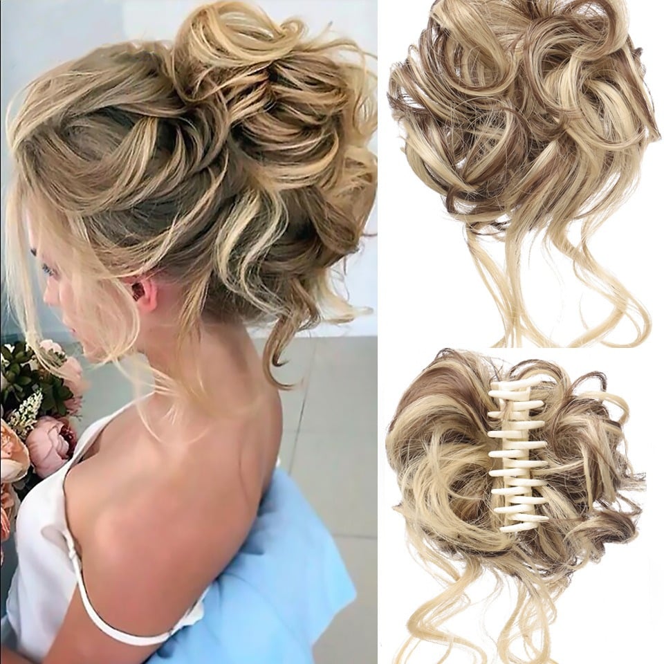 Messy Bun Hair Piece, Wavy Curly Chignon Ponytail Hairpiece for Daily Wear-XSZTVDO