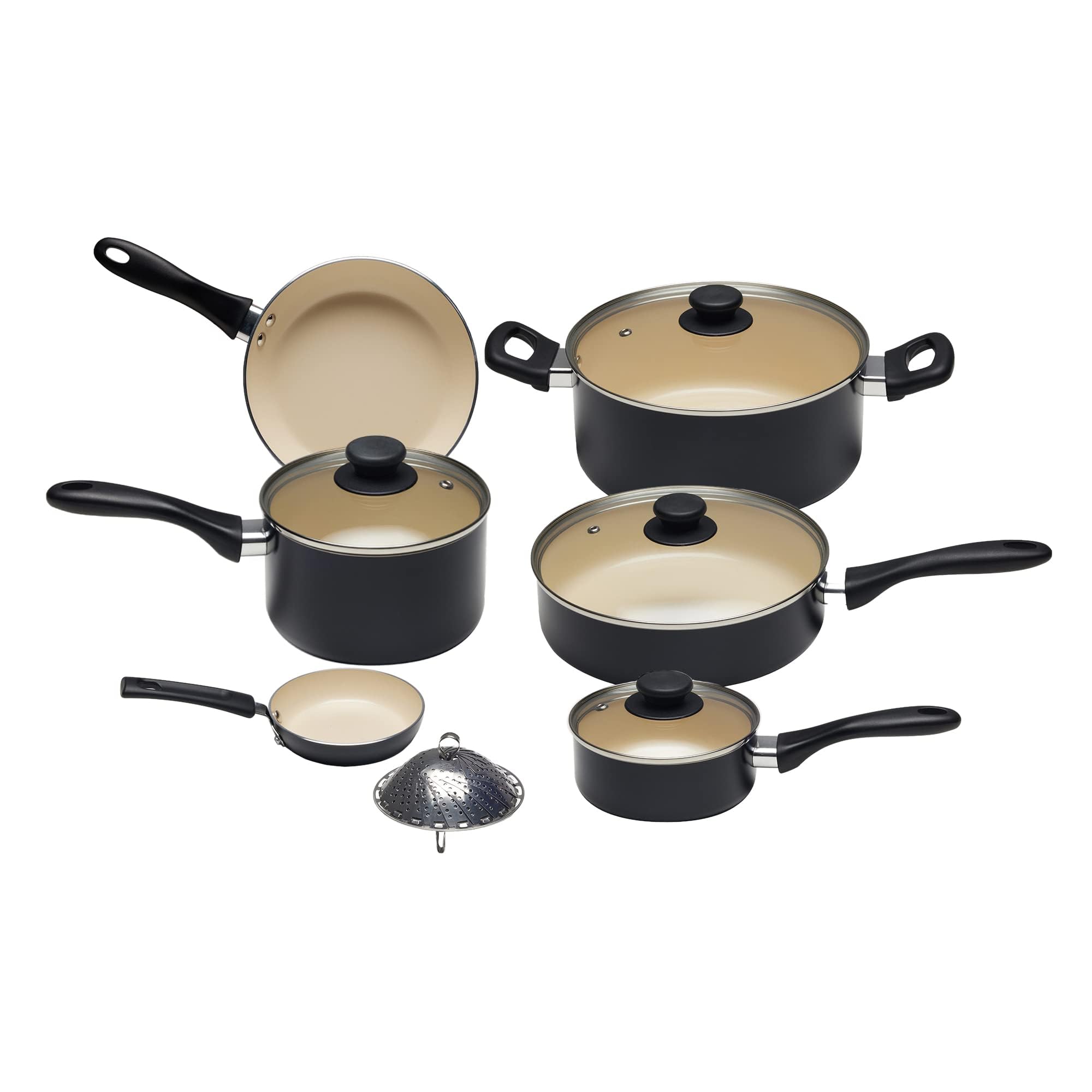 Juego de ollas y sartenes, de cerámica, antiadherente, sin PFOA ni PTFE, 11 Unidad, Negro/Crema