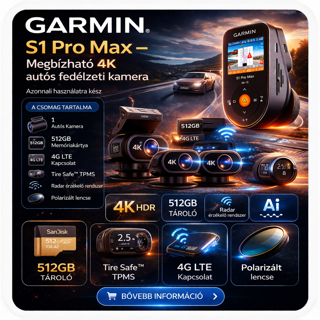 Garmin S1 Pro Max – Megbízható 4K autós fedélzeti kamera,360° teljes lefedettség, éles nappali és éjszakai felvétel
