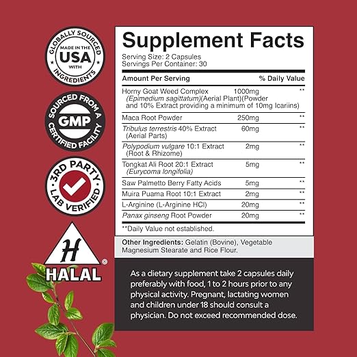 Horny Goat Weed férfiaknak - Extra Erős Férfi Táplálékkiegészítő Fekete Maca Gyökérrel, Tongkat Alival, Saw Palmettóval és Panax Ginseng Kivonattal az Állóképességért és Energiaért - 60 Kapszula