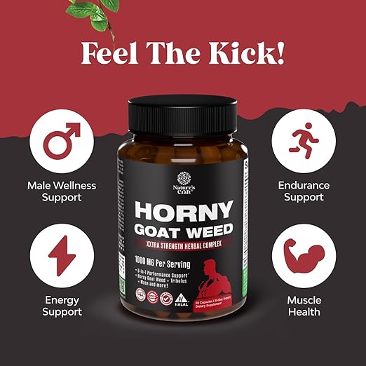 Horny Goat Weed férfiaknak - Extra Erős Férfi Táplálékkiegészítő Fekete Maca Gyökérrel, Tongkat Alival, Saw Palmettóval és Panax Ginseng Kivonattal az Állóképességért és Energiaért - 60 Kapszula