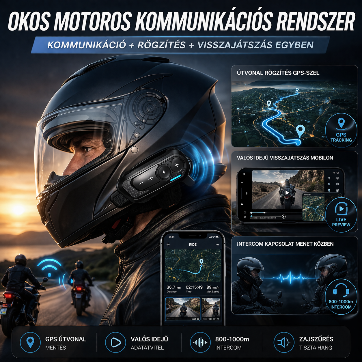 Okos Motoros Bluetooth Intercom – GPS Útvonal Rögzítés + Valós Idejű Visszajátszás + 1000m Kapcsolat