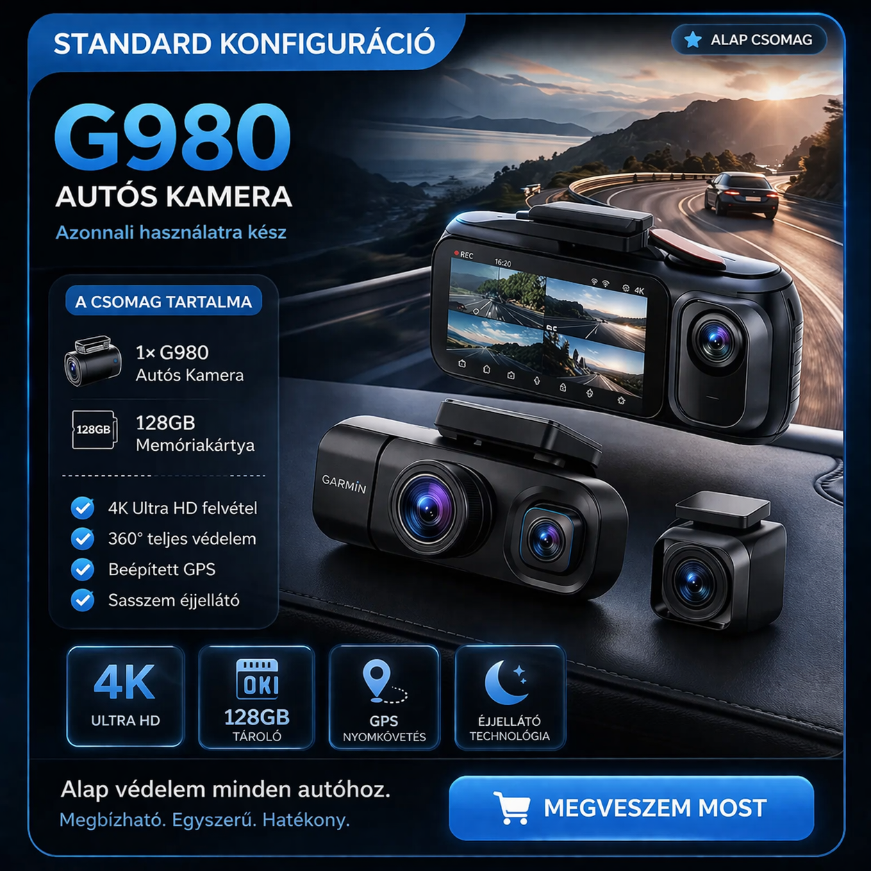 G980 Autós Kamera – 4 Kamerás 360° Védelem, 4K Ultra HD Rögzítés