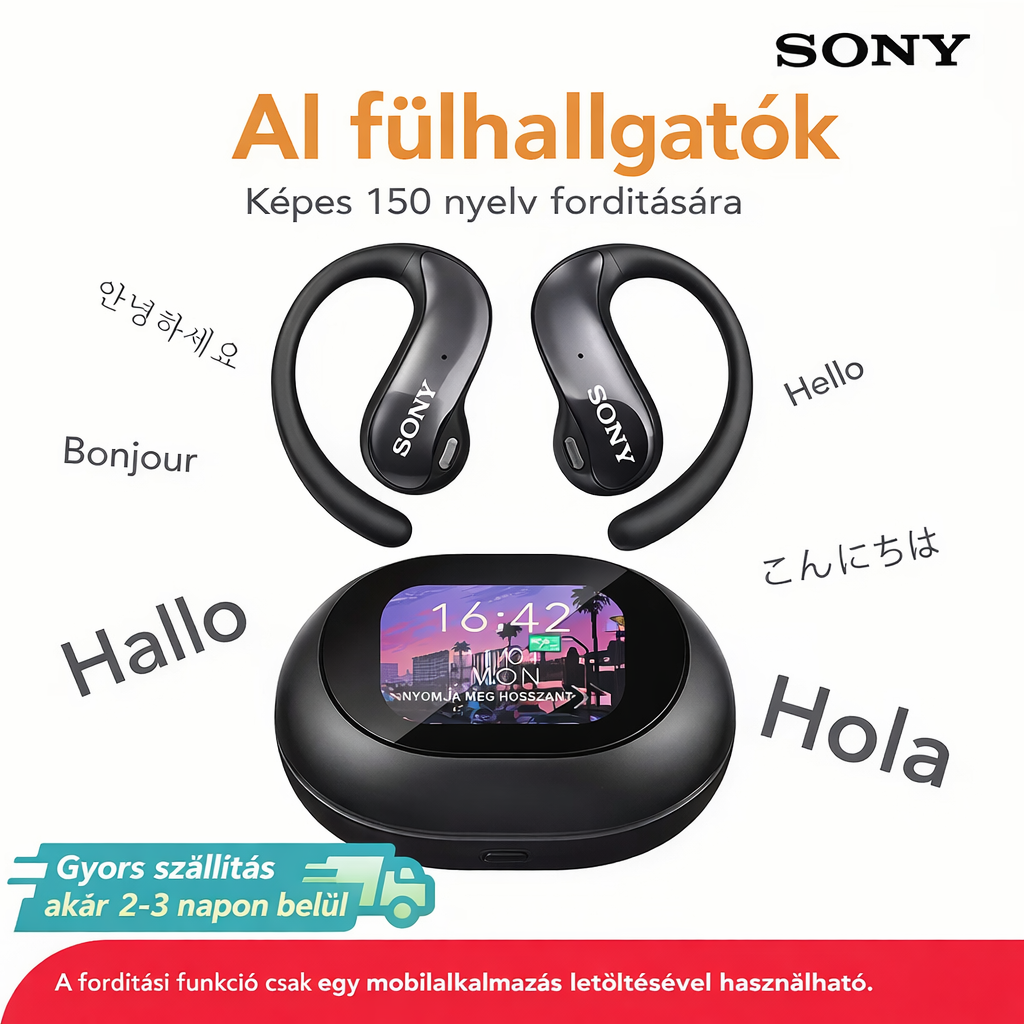 AIReal-time fordító fülhallgató érintőképernyővel, 150 nyelv, HD hangzás, alacsony késleltetés, kényelmes illeszkedés, hosszú akkumulátor-üzemidő - tökéletes utazáshoz, üzleti és tanulási célra