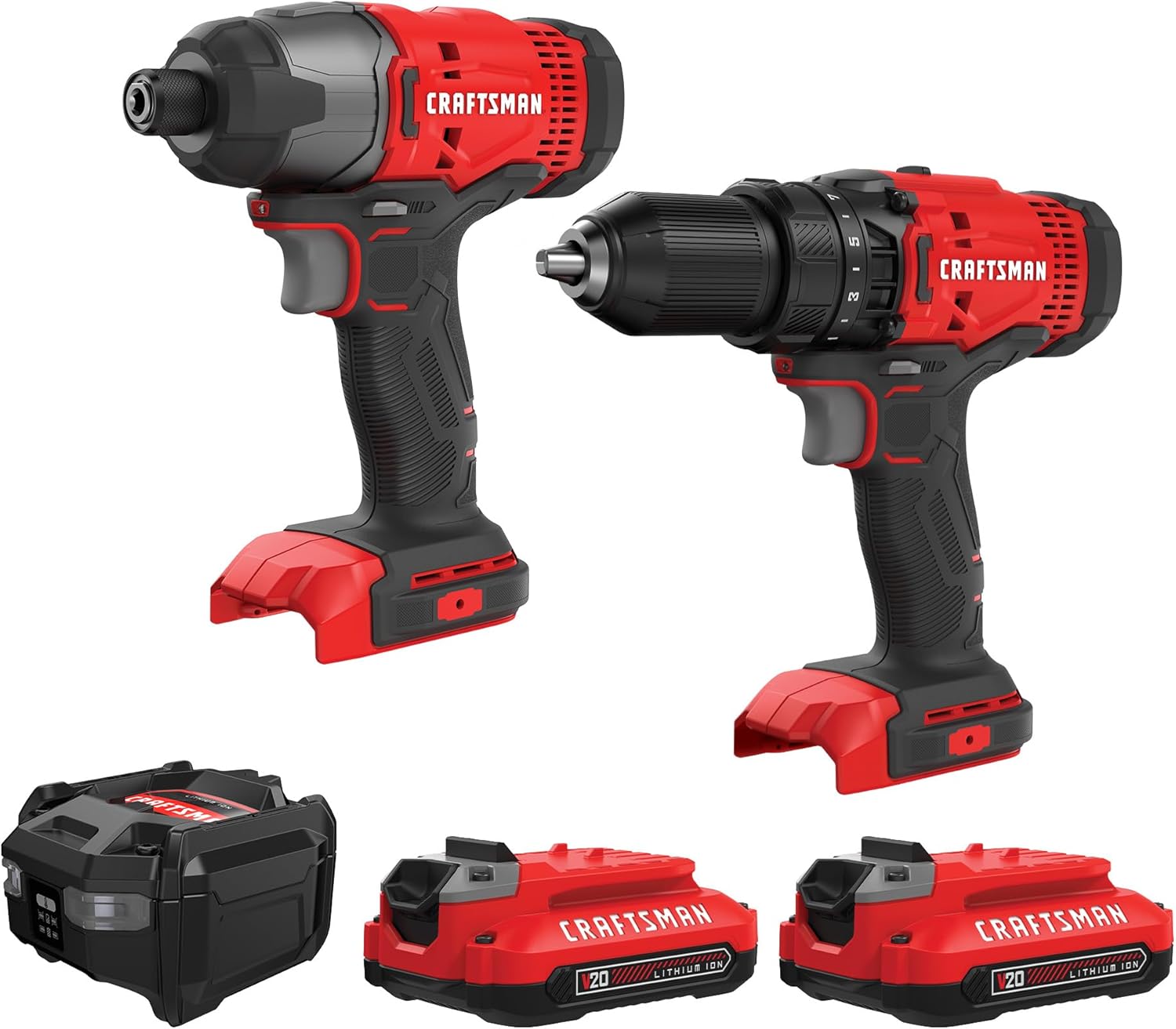 CRAFTSMAN V20 MAX akkus fúró-csavarozó és ütvecsavarozó készlet, szerszámkészlet 2 akkumulátorral és töltővel, LED munkalámpával, 2 bittel, táskával