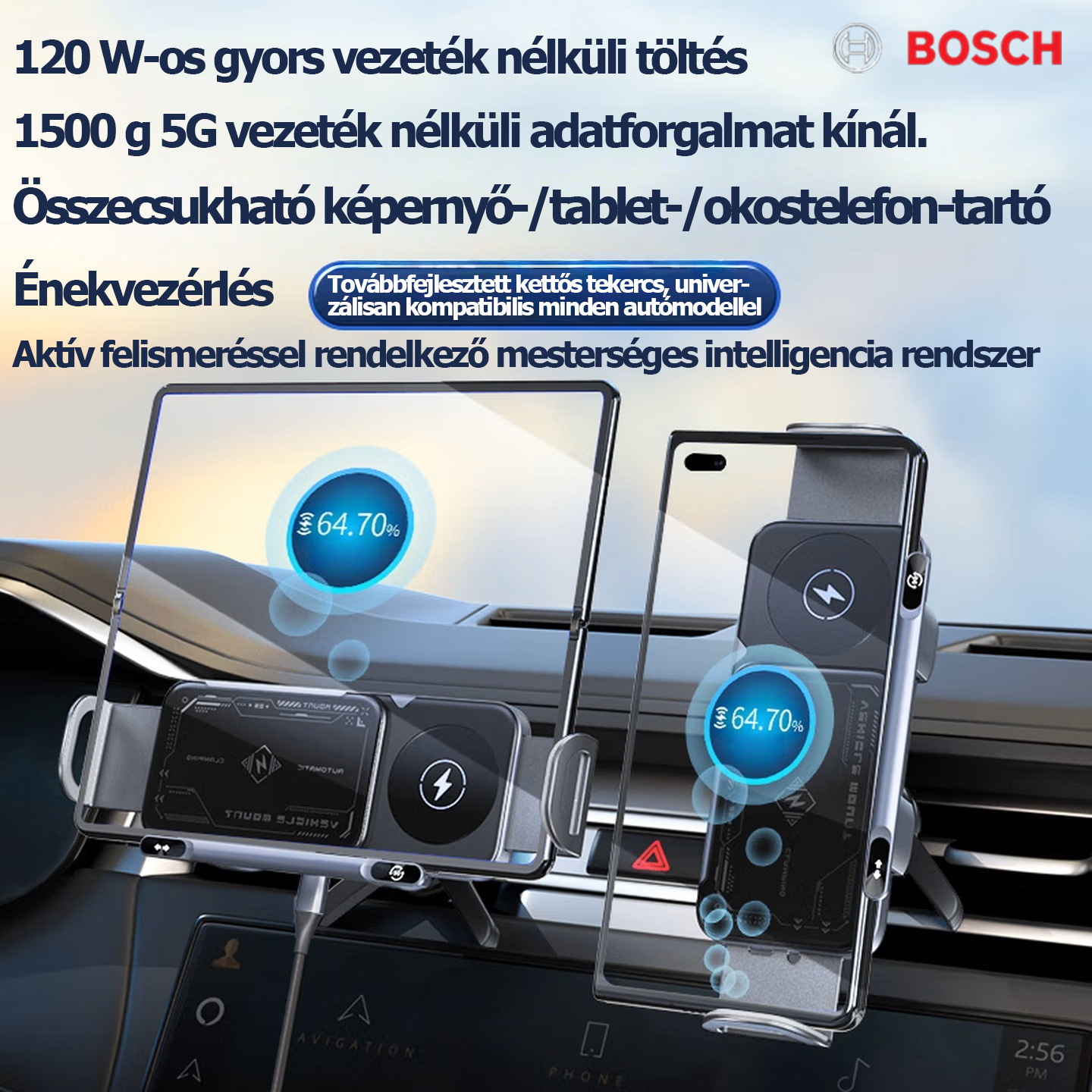BOSCH autós tartó mesterséges intelligenciával támogatott hangvezérléssel, 3 az 1-ben automatikus forgatással, mesterséges intelligencia által vezérelt felismeréssel, vezeték nélküli WiFi-vel, gyors vezeték nélküli töltéssel és telefonokkal/összecsukhat
