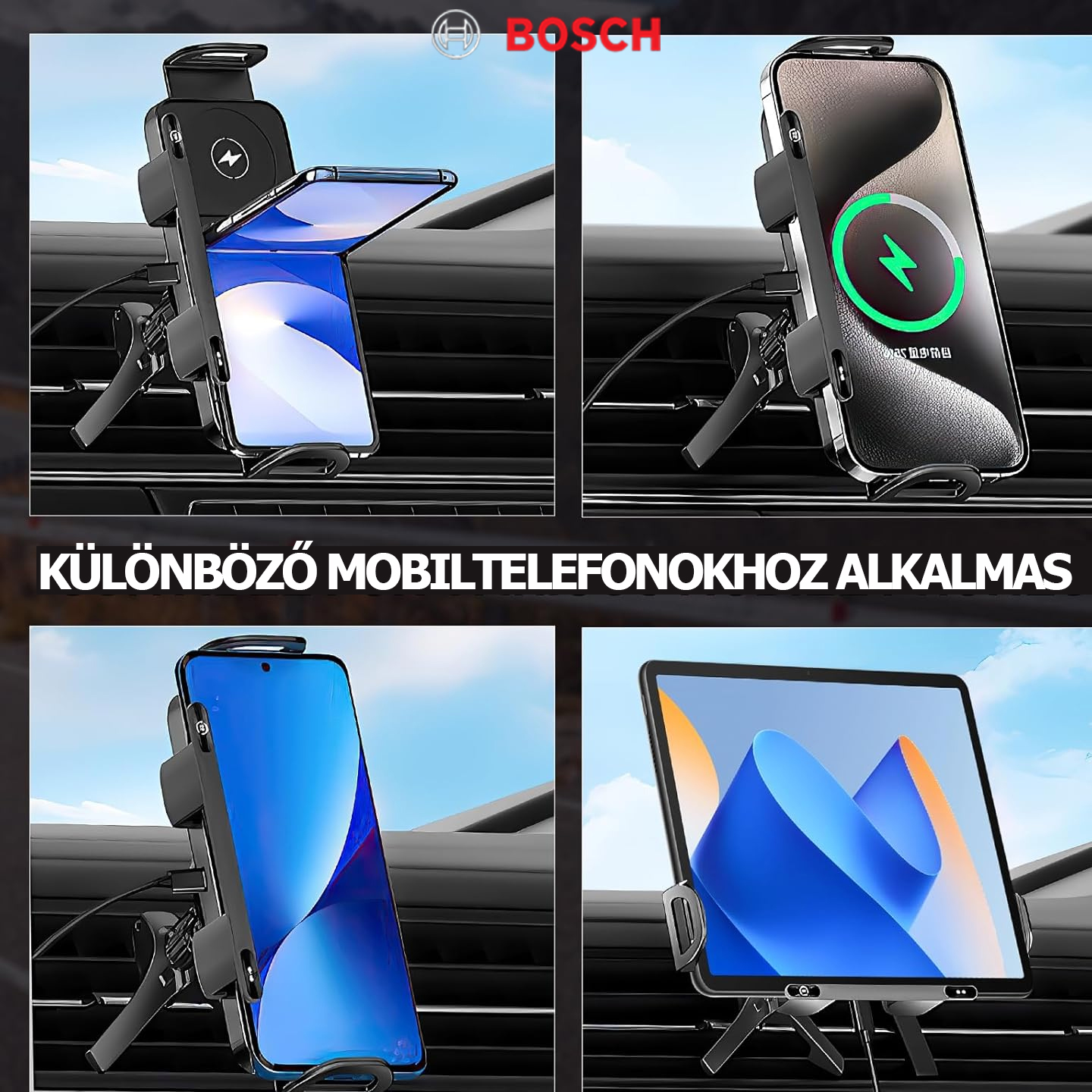 BOSCH autós tartó mesterséges intelligenciával támogatott hangvezérléssel, 3 az 1-ben automatikus forgatással, mesterséges intelligencia által vezérelt felismeréssel, vezeték nélküli WiFi-vel, gyors vezeték nélküli töltéssel és telefonokkal/összecsukhat