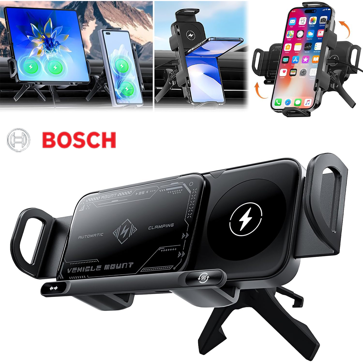 BOSCH autós tartó mesterséges intelligenciával támogatott hangvezérléssel, 3 az 1-ben automatikus forgatással, mesterséges intelligencia által vezérelt felismeréssel, vezeték nélküli WiFi-vel, gyors vezeték nélküli töltéssel és telefonokkal/összecsukhat