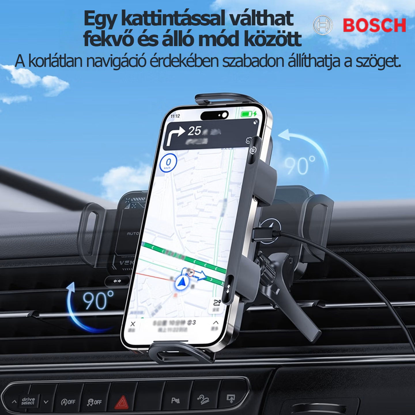 BOSCH autós tartó mesterséges intelligenciával támogatott hangvezérléssel, 3 az 1-ben automatikus forgatással, mesterséges intelligencia által vezérelt felismeréssel, vezeték nélküli WiFi-vel, gyors vezeték nélküli töltéssel és telefonokkal/összecsukhat