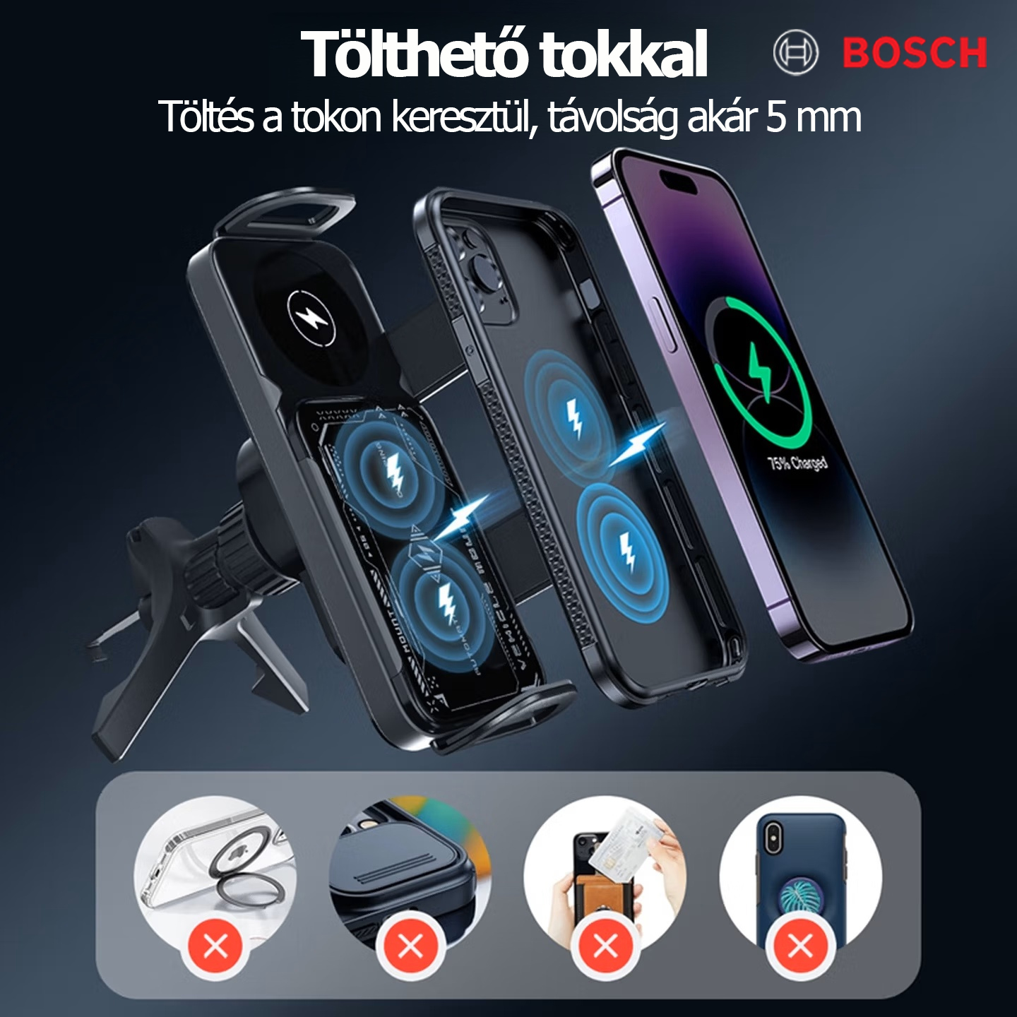 BOSCH autós tartó mesterséges intelligenciával támogatott hangvezérléssel, 3 az 1-ben automatikus forgatással, mesterséges intelligencia által vezérelt felismeréssel, vezeték nélküli WiFi-vel, gyors vezeték nélküli töltéssel és telefonokkal/összecsukhat