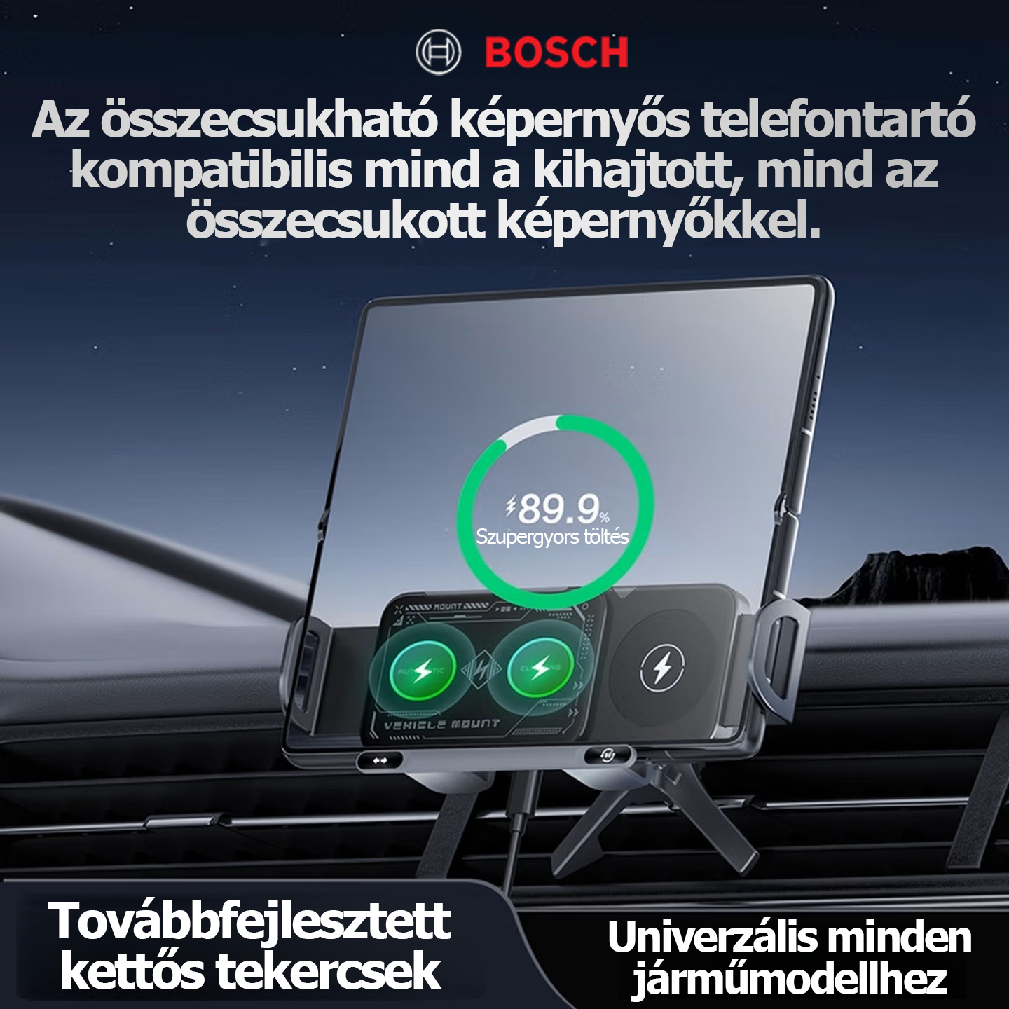 BOSCH autós tartó mesterséges intelligenciával támogatott hangvezérléssel, 3 az 1-ben automatikus forgatással, mesterséges intelligencia által vezérelt felismeréssel, vezeték nélküli WiFi-vel, gyors vezeték nélküli töltéssel és telefonokkal/összecsukhat