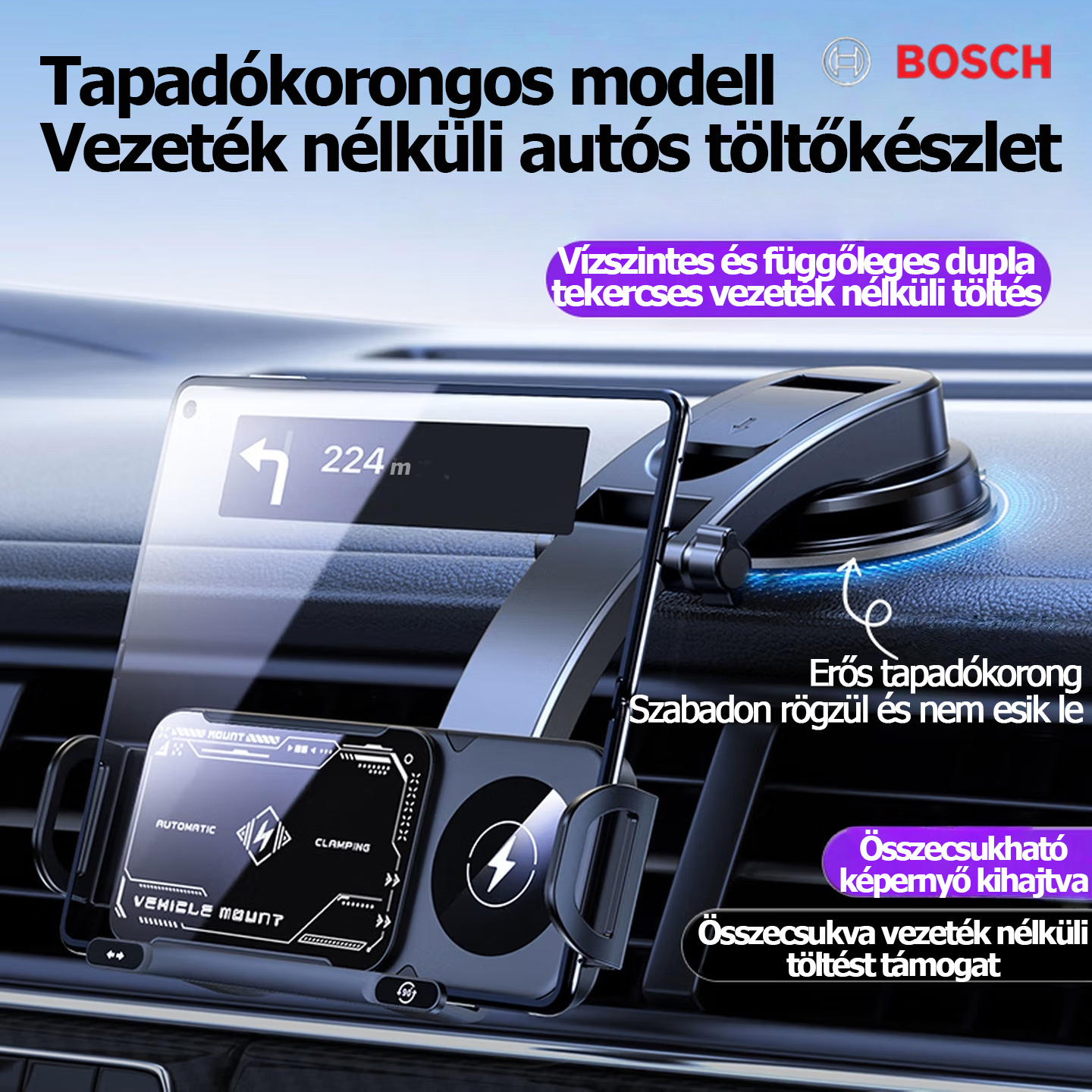 BOSCH autós tartó mesterséges intelligenciával támogatott hangvezérléssel, 3 az 1-ben automatikus forgatással, mesterséges intelligencia által vezérelt felismeréssel, vezeték nélküli WiFi-vel, gyors vezeték nélküli töltéssel és telefonokkal/összecsukhat