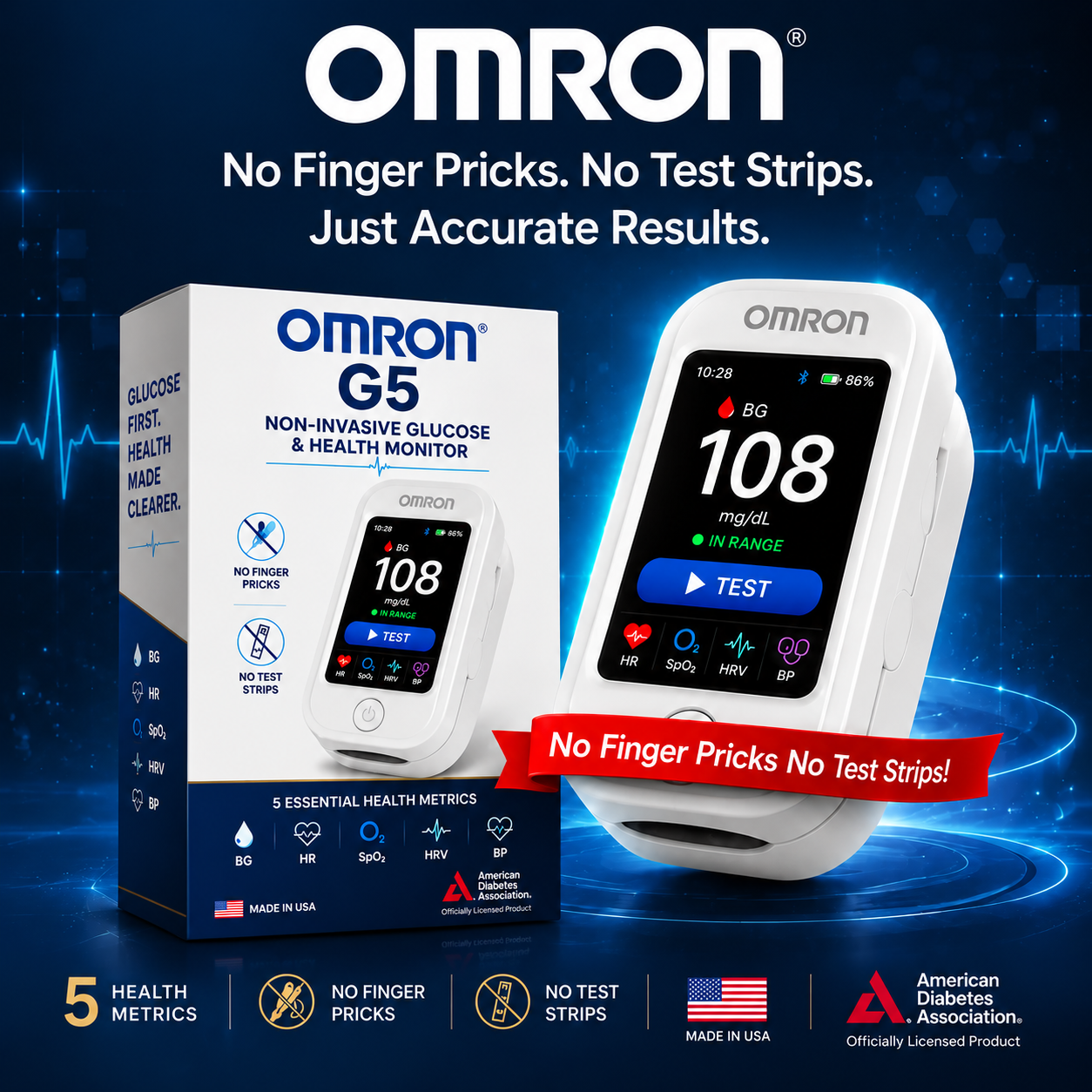 🩺 OMRON® G5 – Új generációs, non-invazív vércukorszint- és egészségmonitor | 🩸 Ujjbegyszúrás nélküli vércukorszint-mérés | ✅ Egyszerű és kényelmes otthoni használat