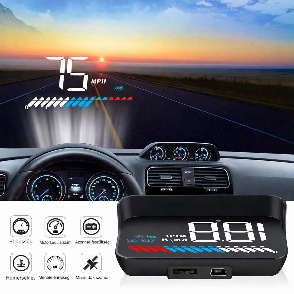 ACECAR Head-up kijelzős autós univerzális kettős rendszerű 3,5 hüvelykes HUD, sebességmérő OBD2 GPS interfész, sebesség, motorfordulatszám, túlsebesség figyelmeztetés, kilométeróra-mérés, vízhőmérséklet, GPS mód minden járműhöz