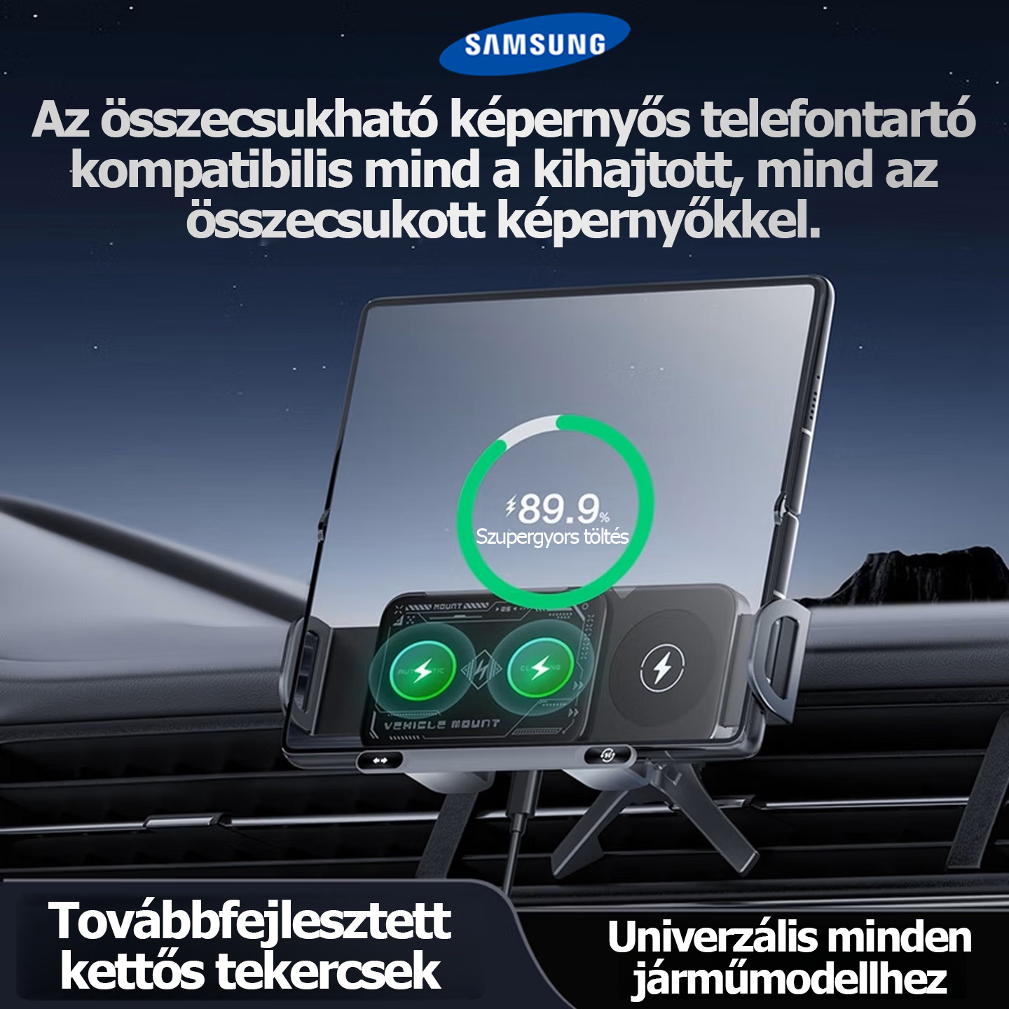 Samsung nagy teljesítményű okostelefon/tablet tartó, 2 az 1-ben automatikusan forgó telefontartó, autós gyorstöltő telefontartó, egy kattintással forgó autós szellőzőnyílásba épített telefontartó, okostelefonokhoz/tabletekhez/összecsukható telefonokhoz al