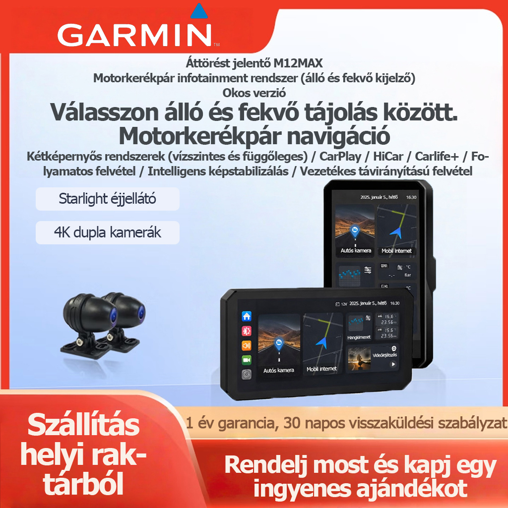 Garmin Breakthrough M12Max motoros fedélzeti kamera intelligens autós infotainment rendszerrel, CarPlay-jel, mobiltelefon-képernyő tükrözéssel, navigációval, milliméteres hullámú radarral, holttérfigyelővel és gumiabroncsnyomás-figyelővel