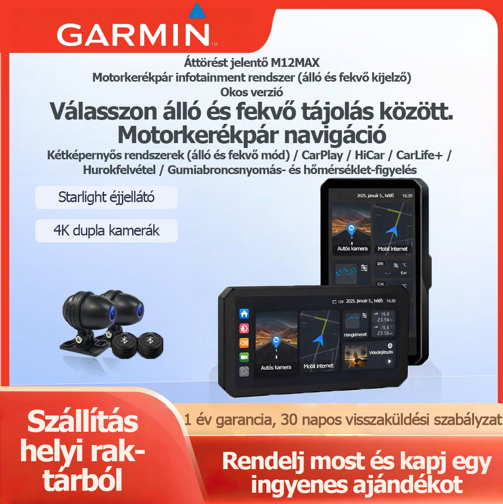 Garmin Breakthrough M12Max motoros fedélzeti kamera intelligens autós infotainment rendszerrel, CarPlay-jel, mobiltelefon-képernyő tükrözéssel, navigációval, milliméteres hullámú radarral, holttérfigyelővel és gumiabroncsnyomás-figyelővel