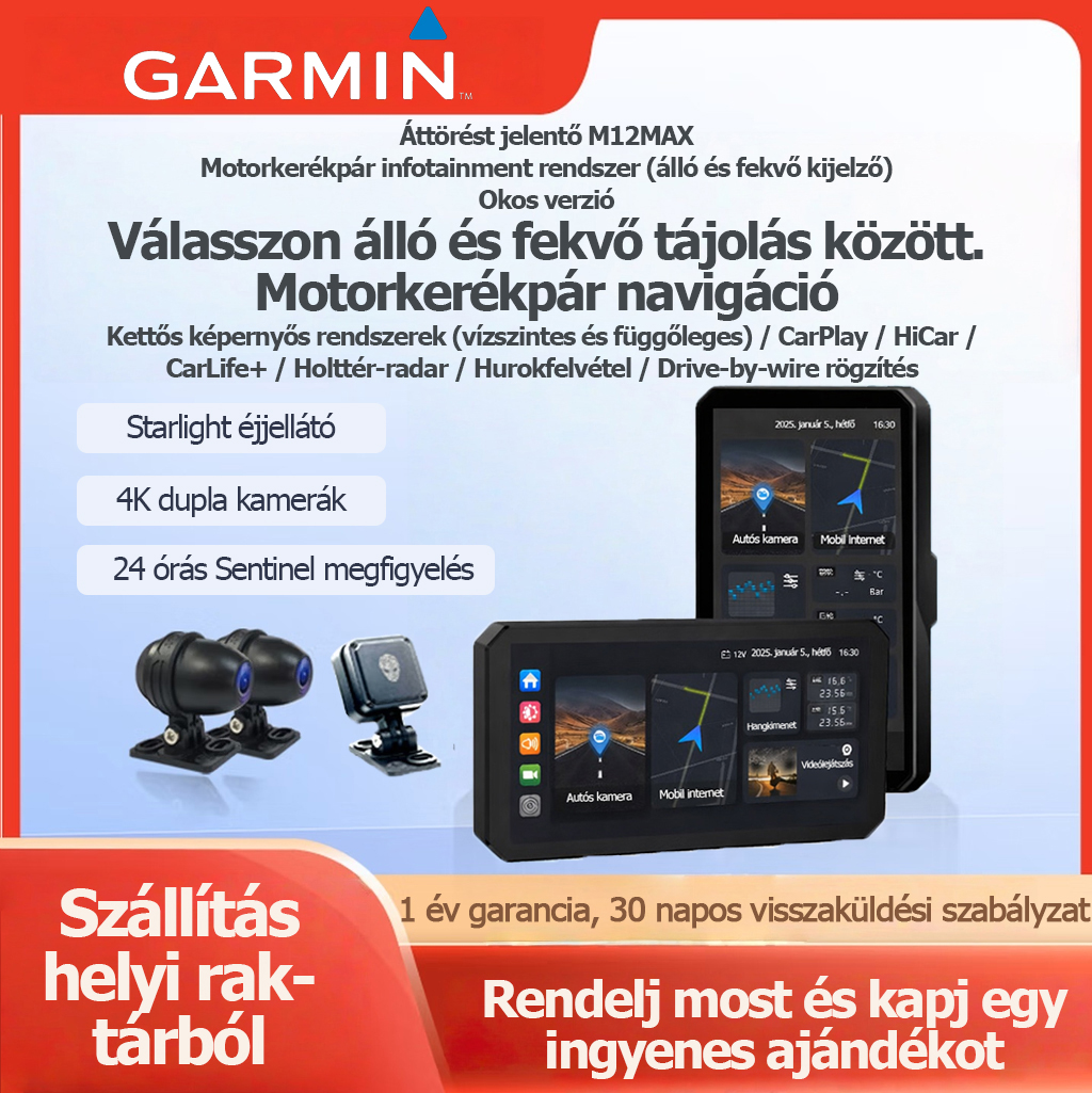 Garmin Breakthrough M12Max motoros fedélzeti kamera intelligens autós infotainment rendszerrel, CarPlay-jel, mobiltelefon-képernyő tükrözéssel, navigációval, milliméteres hullámú radarral, holttérfigyelővel és gumiabroncsnyomás-figyelővel