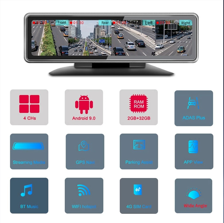 Sentry Mode 4 lencsés autós kamera, 4G távfelügyelet, 24 órás parkolásfelügyelet, 360°-os panorámanézet, 2026-os új modell