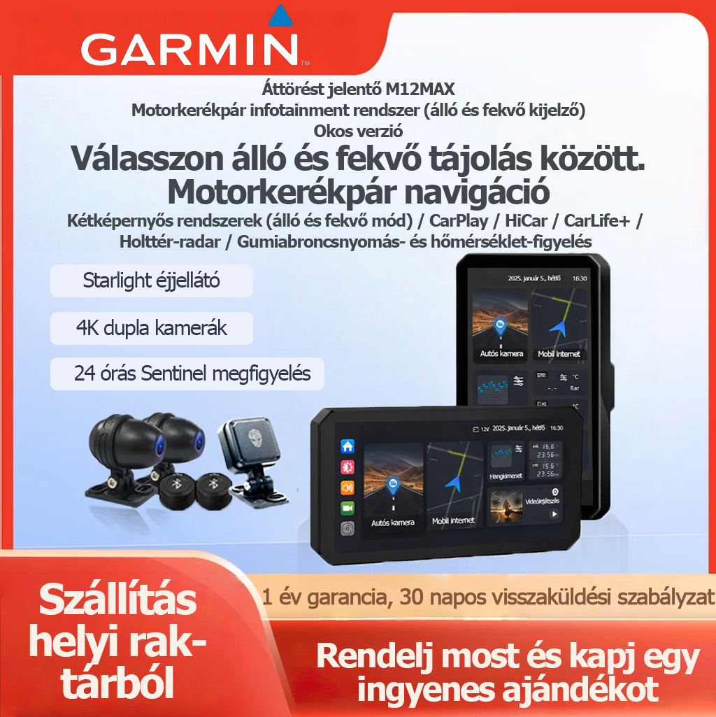 Garmin Breakthrough M12Max motoros fedélzeti kamera intelligens autós infotainment rendszerrel, CarPlay-jel, mobiltelefon-képernyő tükrözéssel, navigációval, milliméteres hullámú radarral, holttérfigyelővel és gumiabroncsnyomás-figyelővel
