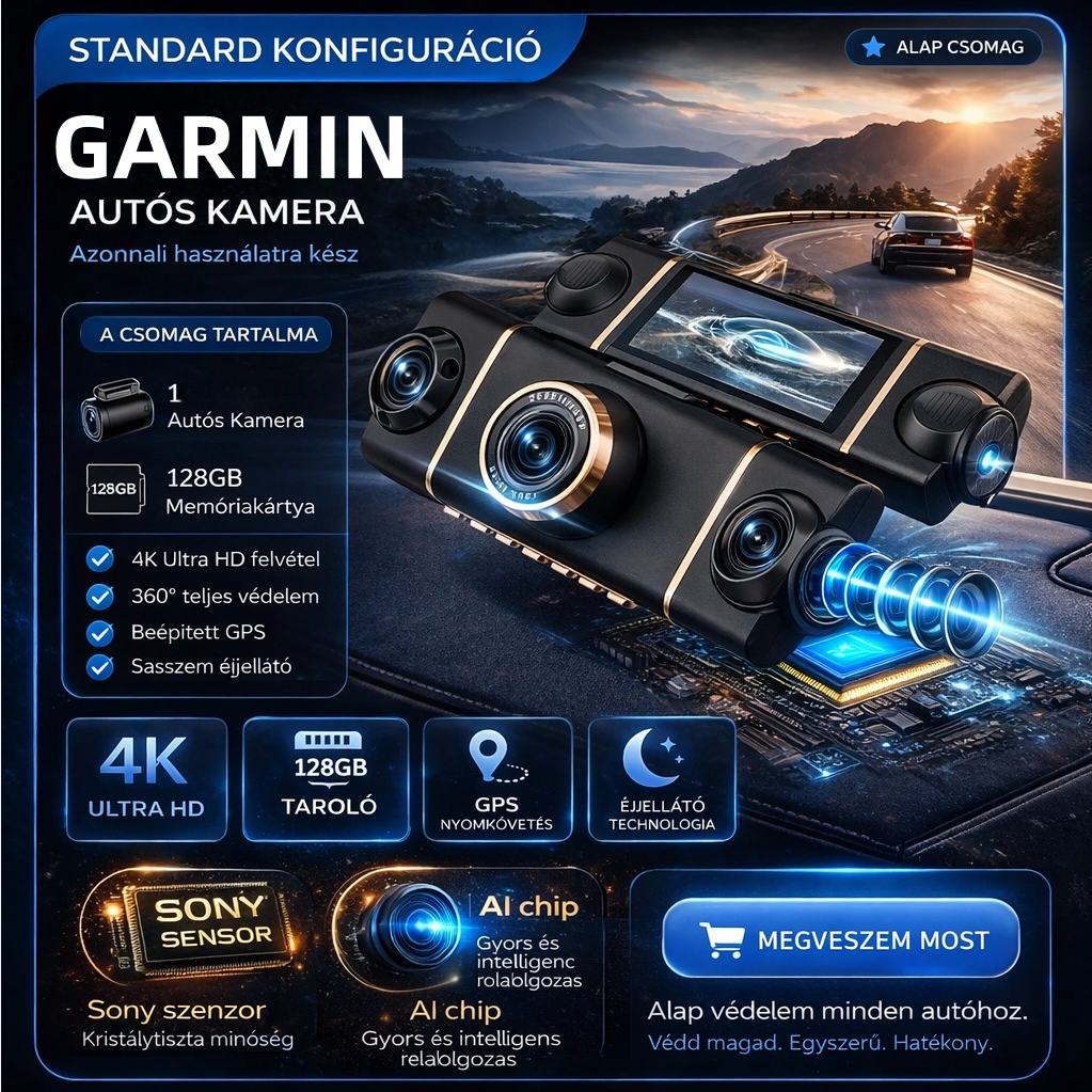 Autós kamera 4 kamerával – 360° teljes lefedettség, éles nappali és éjszakai felvétel, 4K Ultra HD