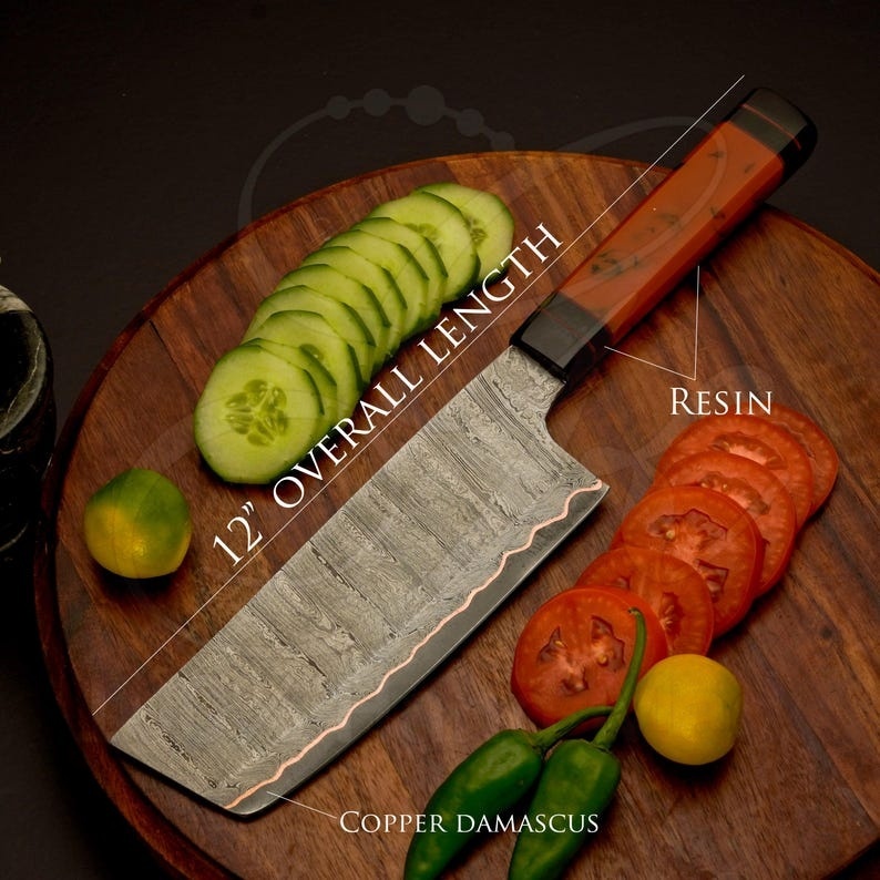 Kézzel készített damaszkuszi acél réz késkészlet | 5 darabos kézzel készített konyhai késkészlet | Kivételesen éles főzőeszközök | Séf ajándék neki, esküvői ajándék