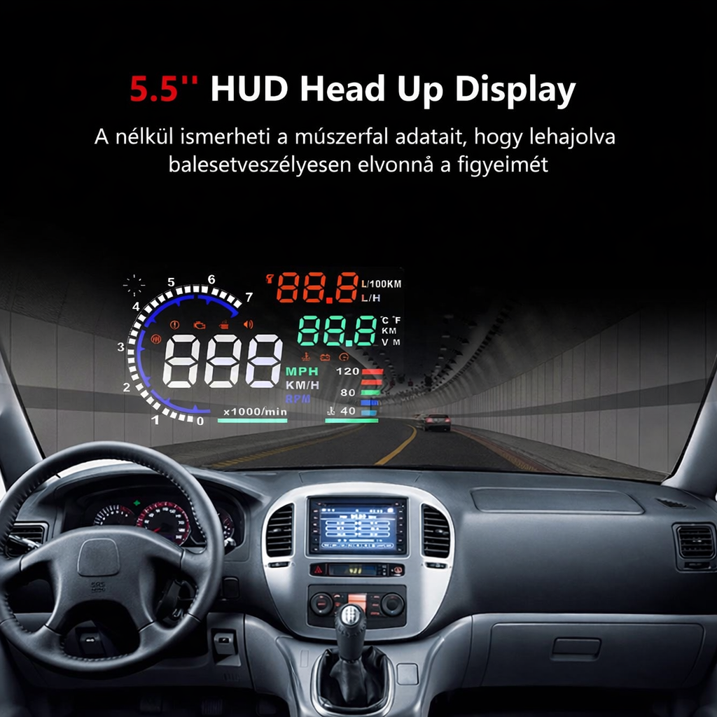 5,5 hüvelykes HUD fejkijelző, szélvédőre vetített járműsebesség, sebességtúllépés-riasztás, km/h mérföld/óra, OBDII/EUOBD interfészcsatlakozó autós HUD képernyő