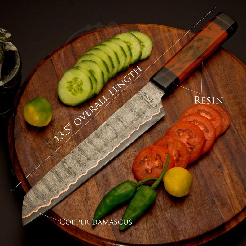 Kézzel készített damaszkuszi acél réz késkészlet | 5 darabos kézzel készített konyhai késkészlet | Kivételesen éles főzőeszközök | Séf ajándék neki, esküvői ajándék