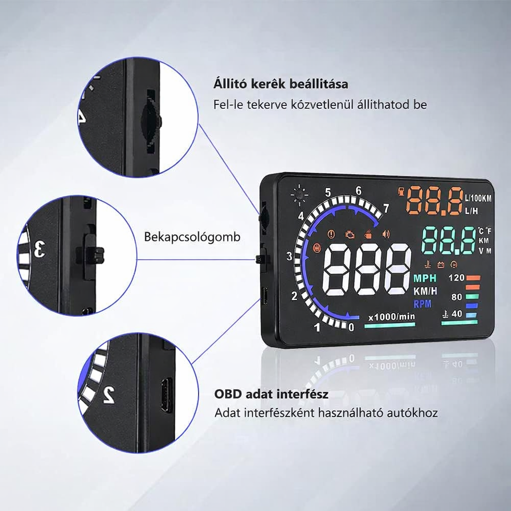 5,5 hüvelykes HUD fejkijelző, szélvédőre vetített járműsebesség, sebességtúllépés-riasztás, km/h mérföld/óra, OBDII/EUOBD interfészcsatlakozó autós HUD képernyő