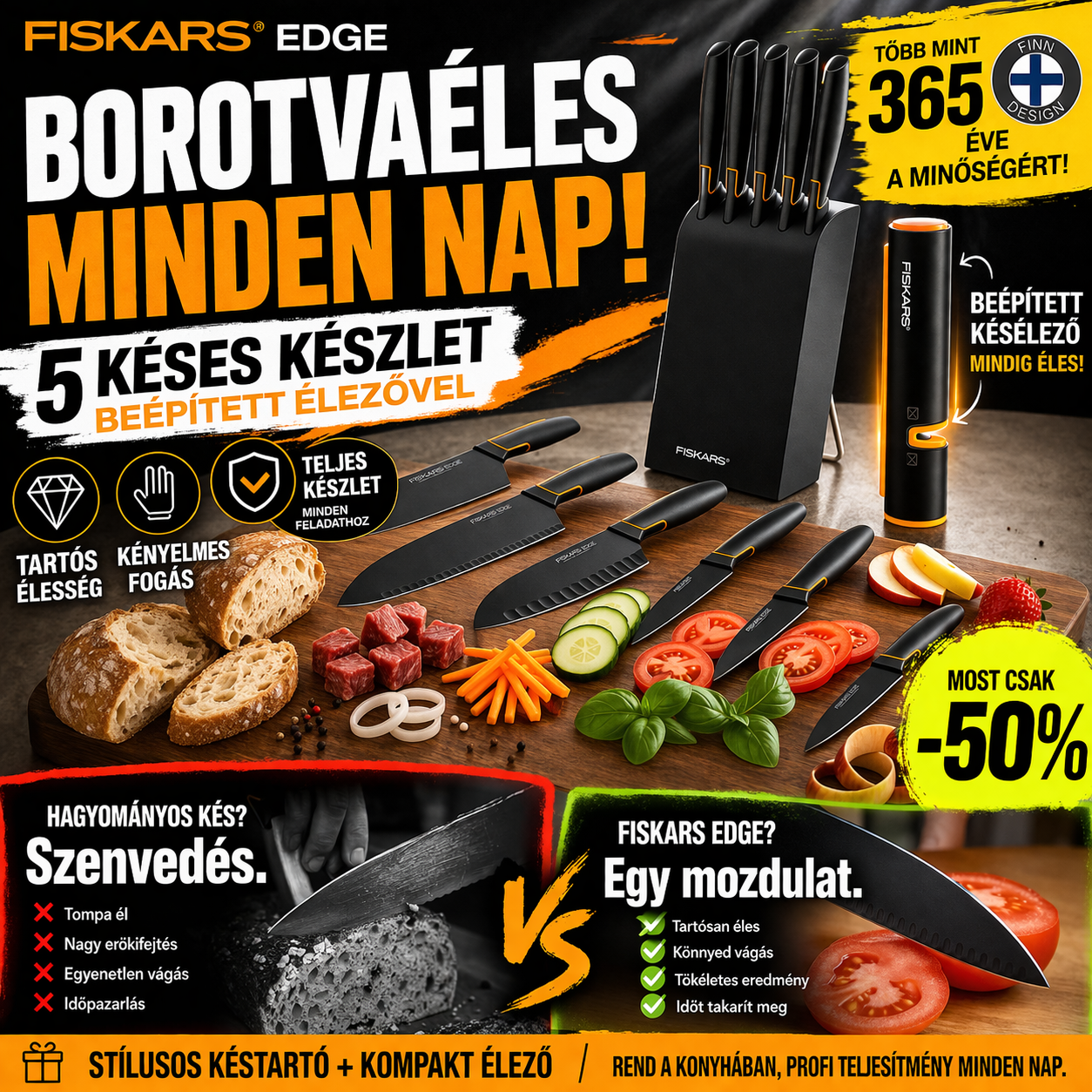 FISKARS® EDGE – Mindig Éles Késkészlet Beépített Élezővel | Könnyed, Precíz Vágás Minden Nap