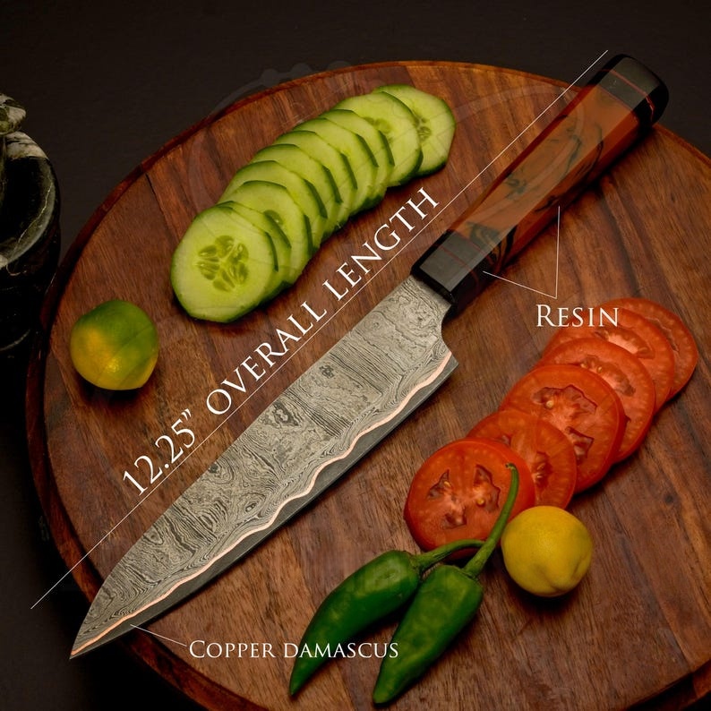 Kézzel készített damaszkuszi acél réz késkészlet | 5 darabos kézzel készített konyhai késkészlet | Kivételesen éles főzőeszközök | Séf ajándék neki, esküvői ajándék