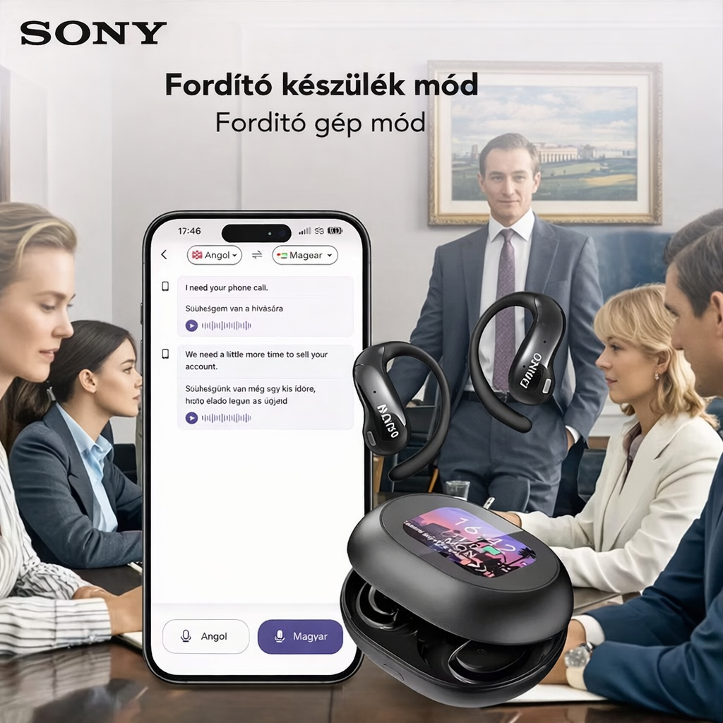 AIReal-time fordító fülhallgató érintőképernyővel, 150 nyelv, HD hangzás, alacsony késleltetés, kényelmes illeszkedés, hosszú akkumulátor-üzemidő - tökéletes utazáshoz, üzleti és tanulási célra