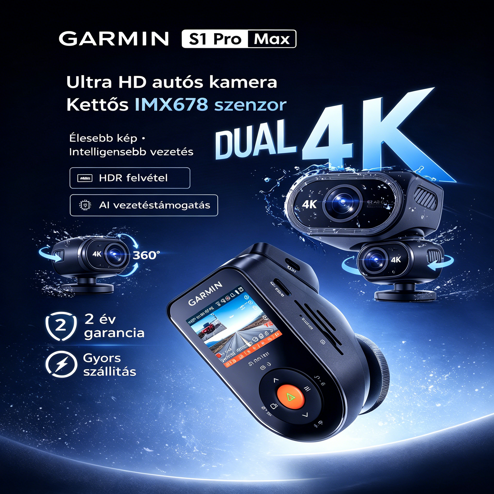 Garmin S1 Pro Max – Megbízható 4K autós fedélzeti kamera,360° teljes lefedettség, éles nappali és éjszakai felvétel