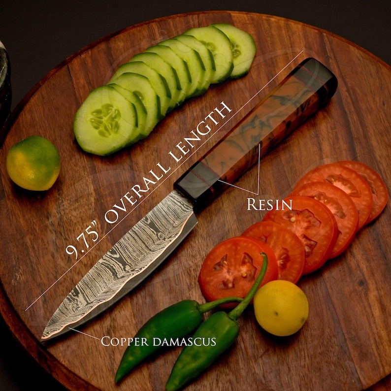 Kézzel készített damaszkuszi acél réz késkészlet | 5 darabos kézzel készített konyhai késkészlet | Kivételesen éles főzőeszközök | Séf ajándék neki, esküvői ajándék