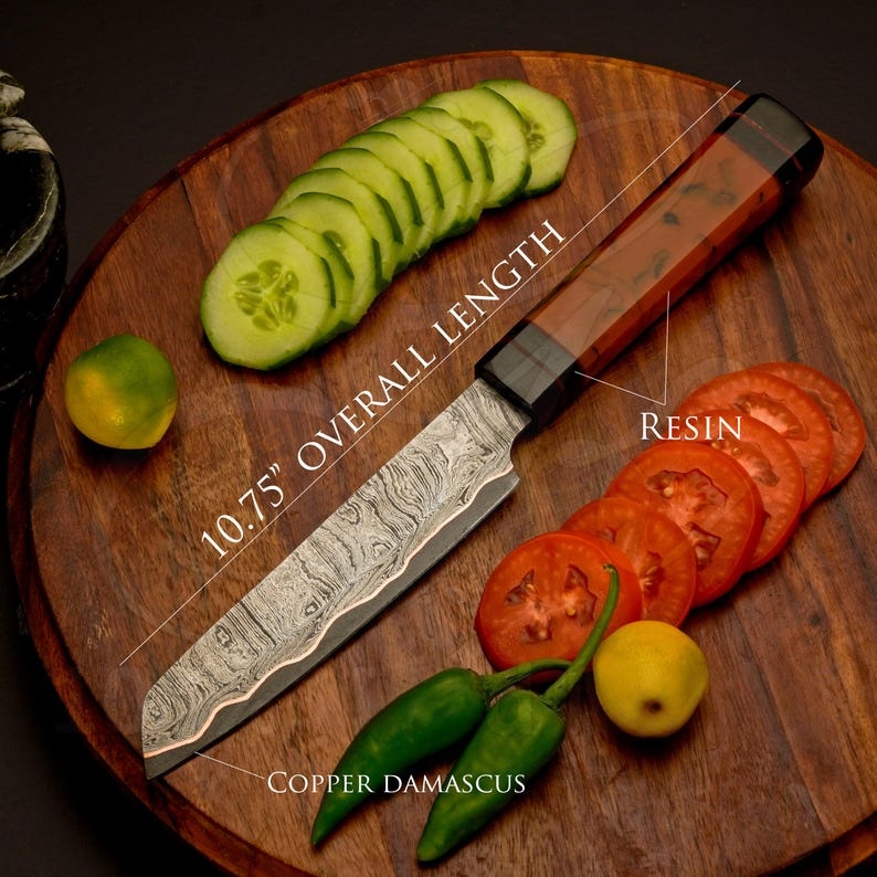 Kézzel készített damaszkuszi acél réz késkészlet | 5 darabos kézzel készített konyhai késkészlet | Kivételesen éles főzőeszközök | Séf ajándék neki, esküvői ajándék