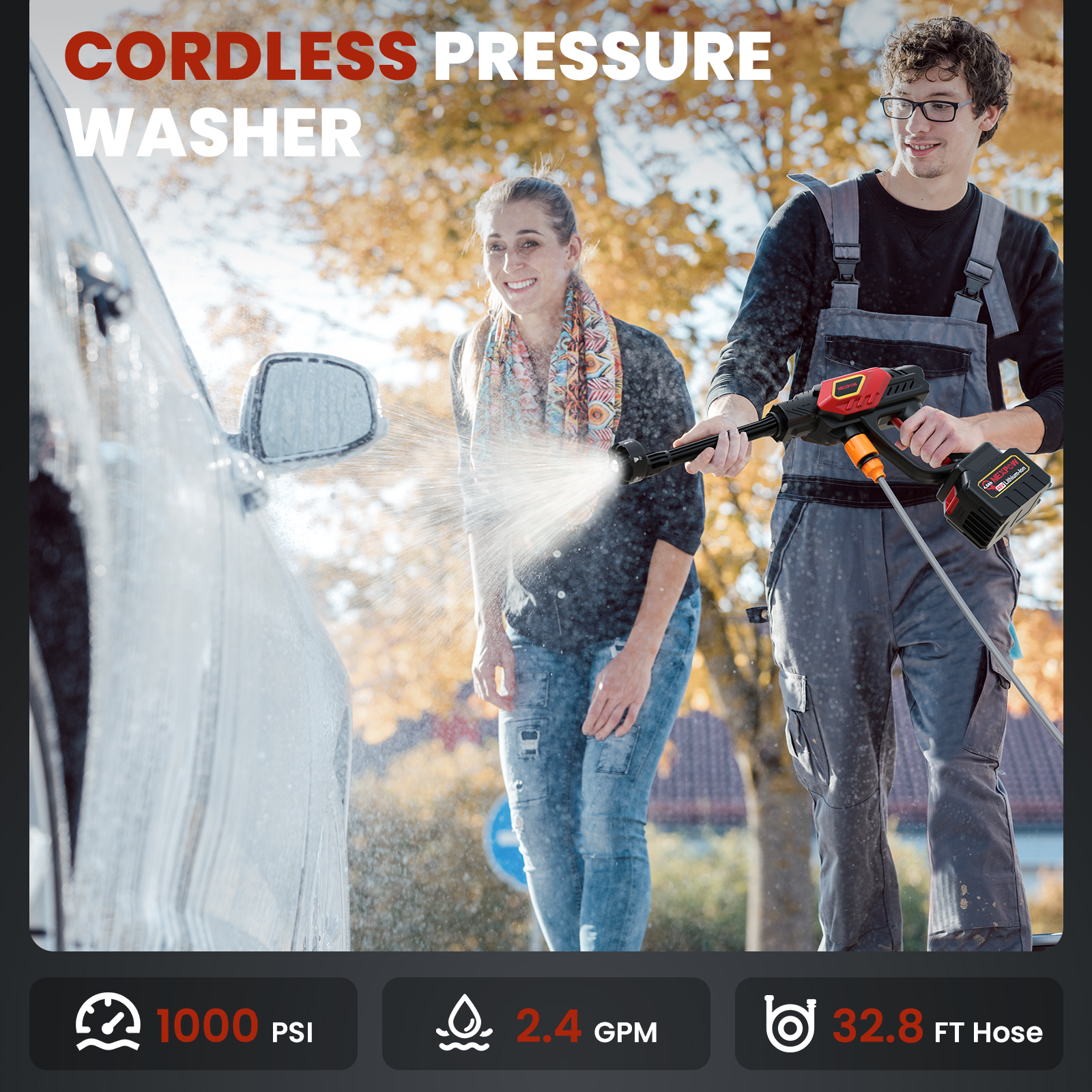 NEXPOW 1000 PSI vezeték nélküli magasnyomású mosó, 2,4 GPM hordozható nagynyomású tisztító 6 az 1-ben állítható fúvókával, autókhoz/teraszokhoz, 32,8 láb tömlővel