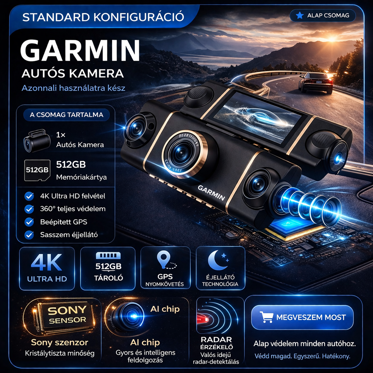 Autós kamera 4 kamerával – 360° teljes lefedettség, éles nappali és éjszakai felvétel, 4K Ultra HD