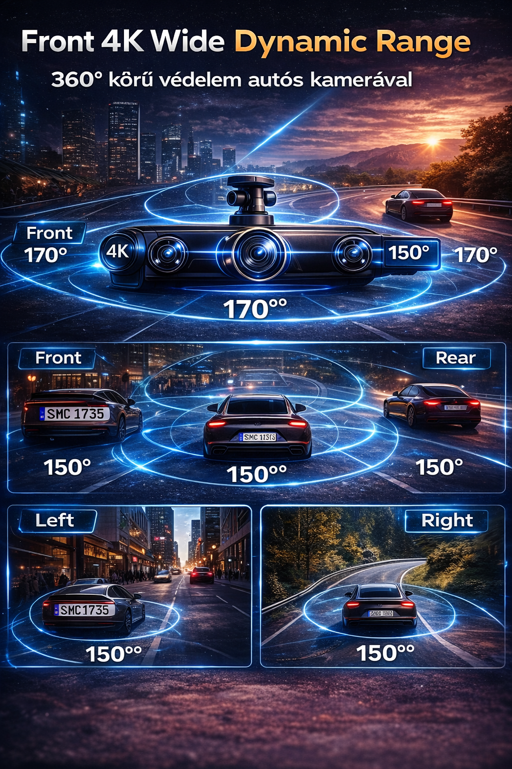 Autós kamera 4 kamerával – 360° teljes lefedettség, éles nappali és éjszakai felvétel, 4K Ultra HD