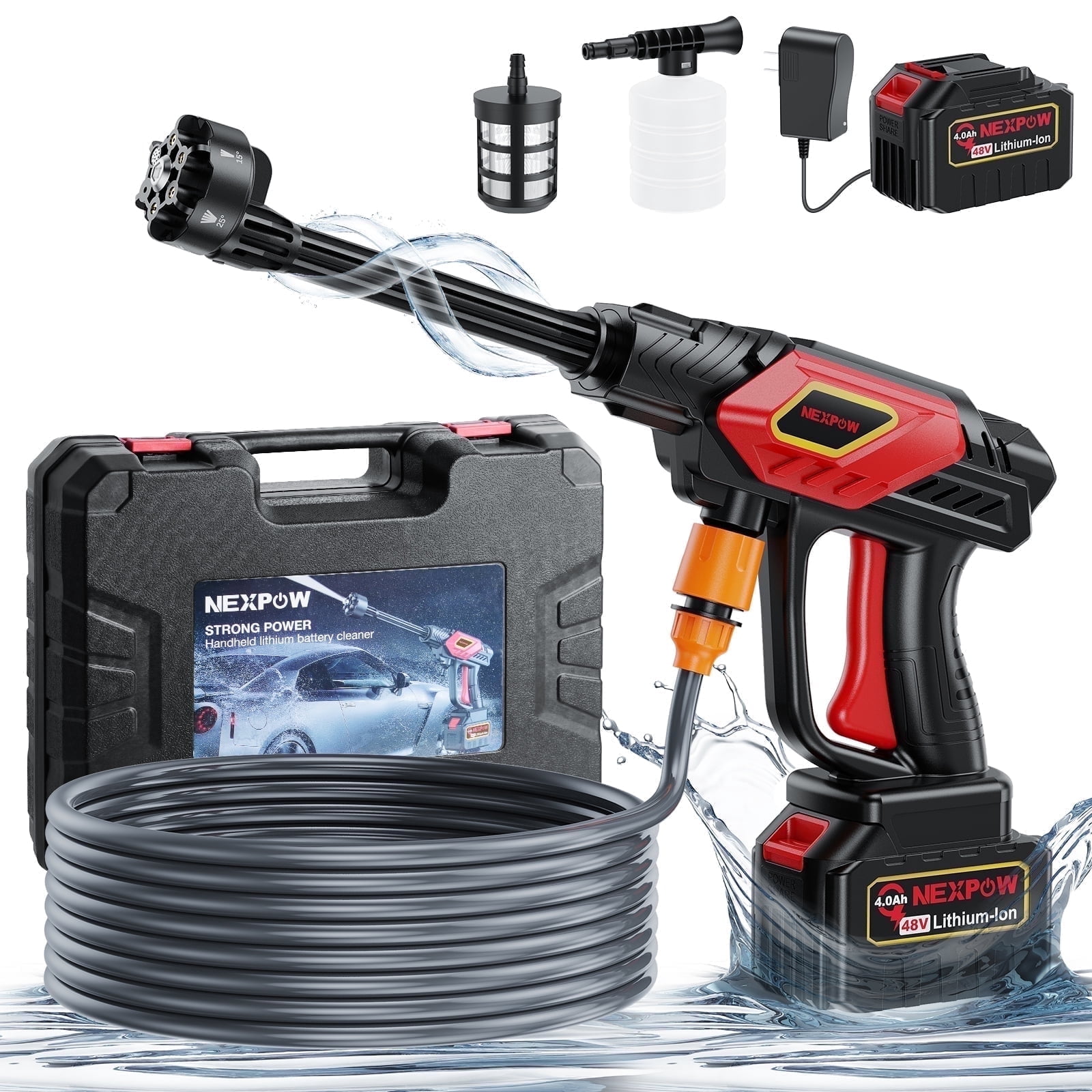 NEXPOW 1000 PSI vezeték nélküli magasnyomású mosó, 2,4 GPM hordozható nagynyomású tisztító 6 az 1-ben állítható fúvókával, autókhoz/teraszokhoz, 32,8 láb tömlővel